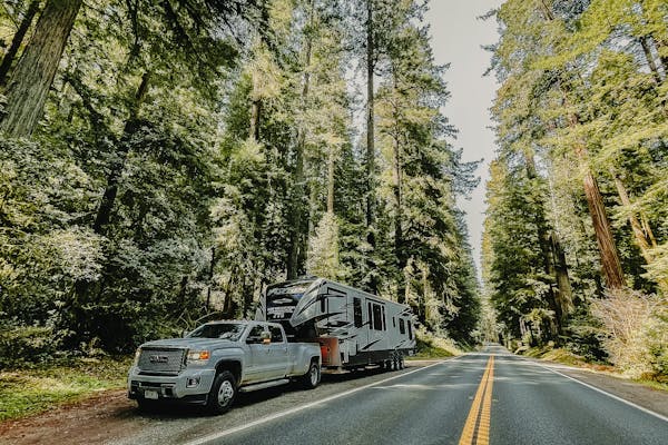 Andy and Kris Murphy's RV pulled over in the redwoods