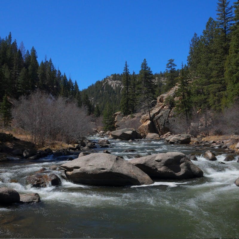 Water weaving through the rocks of the Eleven Mile Canyon as part of South Platte River. 