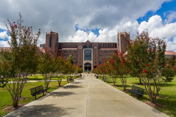 Tree-lined walkway to Doak S. Campbell Stadium brick building at Florida State University in Tallahassee, Florida.