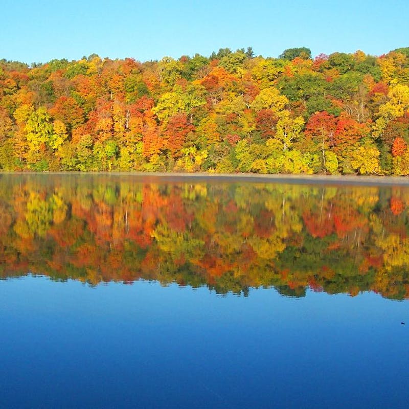 Orange, yellow and red fall trees reflecting on glassy lack in Green Lakes State Park
