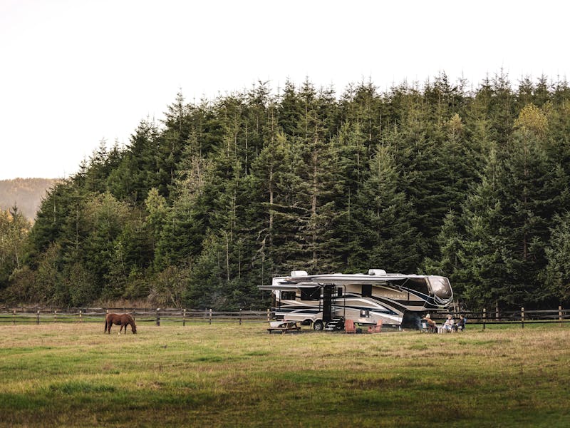 A fifth wheel RV parked in a field with a horse grazing nearby 