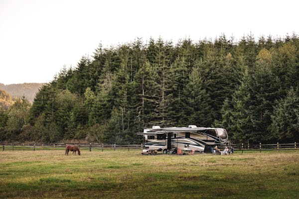 A fifth wheel RV parked in a field with a horse grazing nearby
