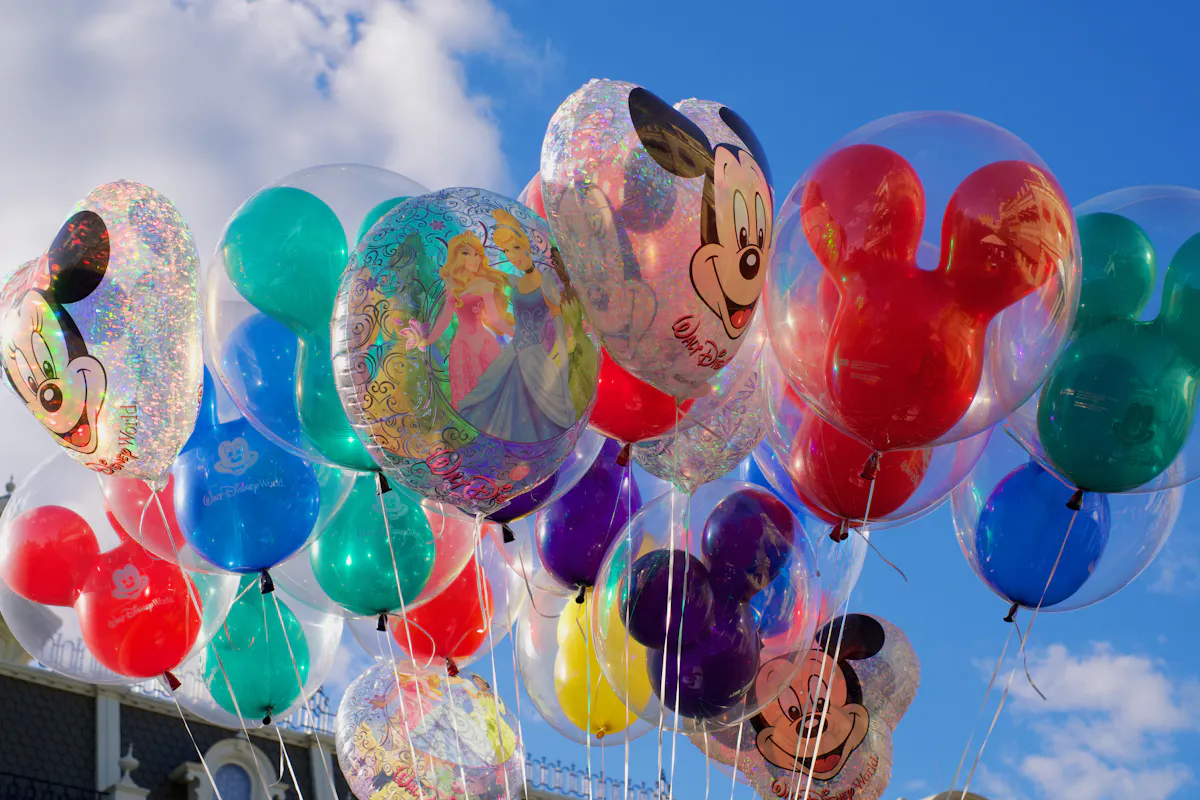 Close up of colorful balloons with Mickey Mouse