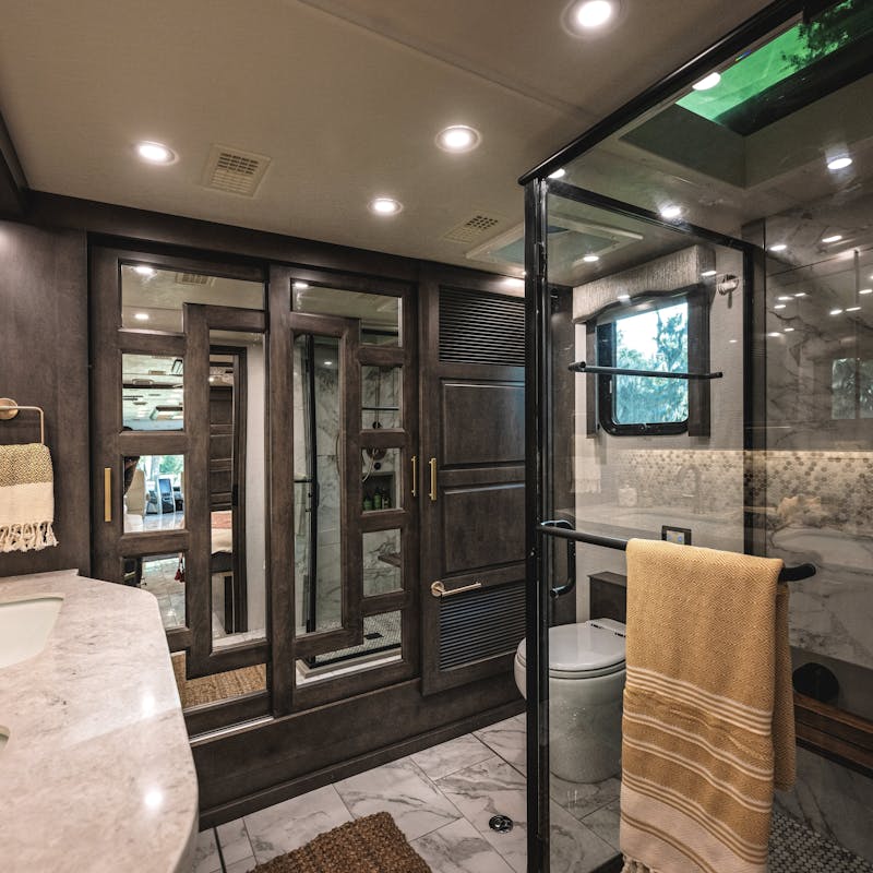 A luxury bathroom inside an Entegra Coach.
