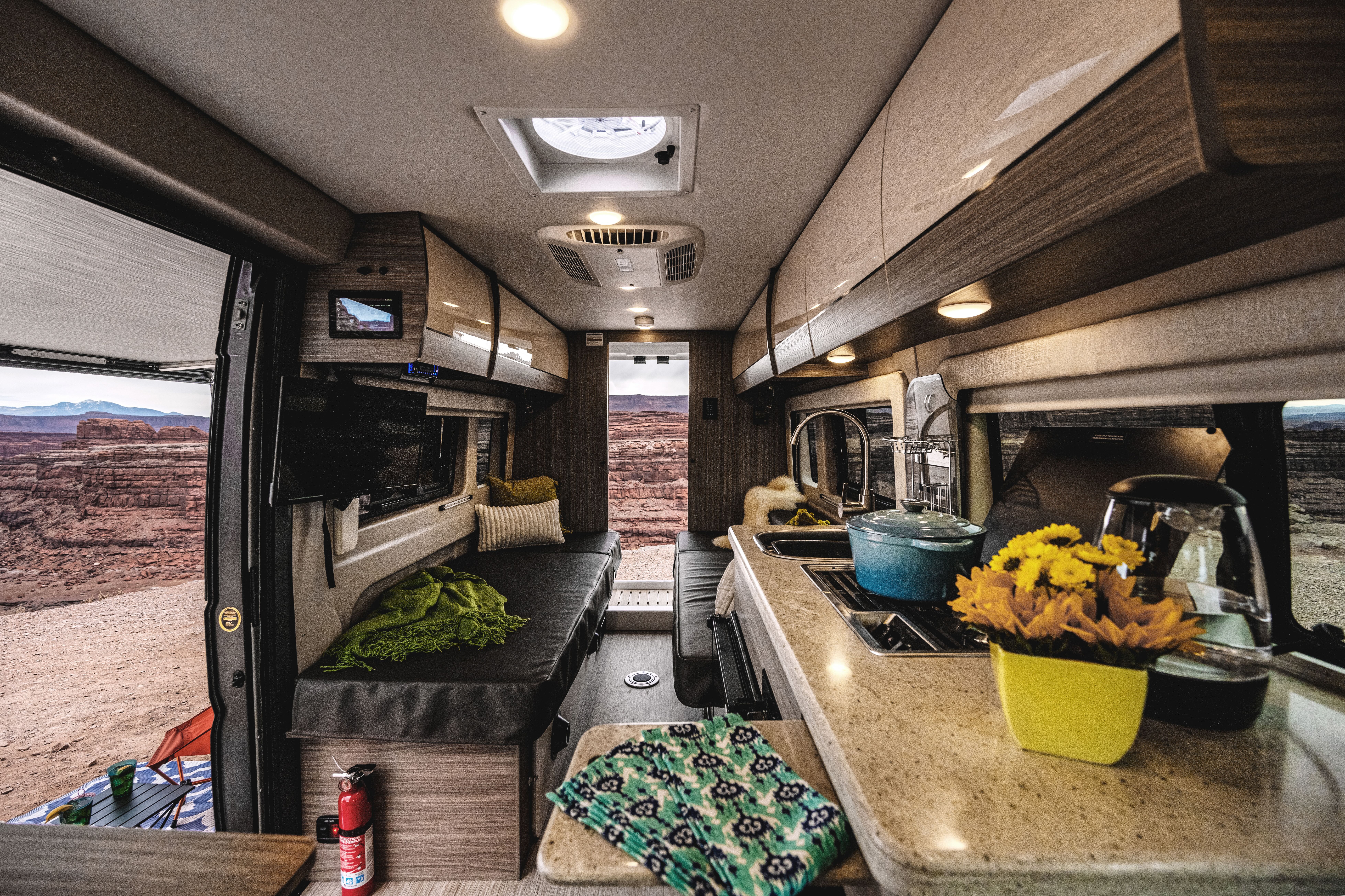 The interior of an Entegra Coach Ethos in the desert.