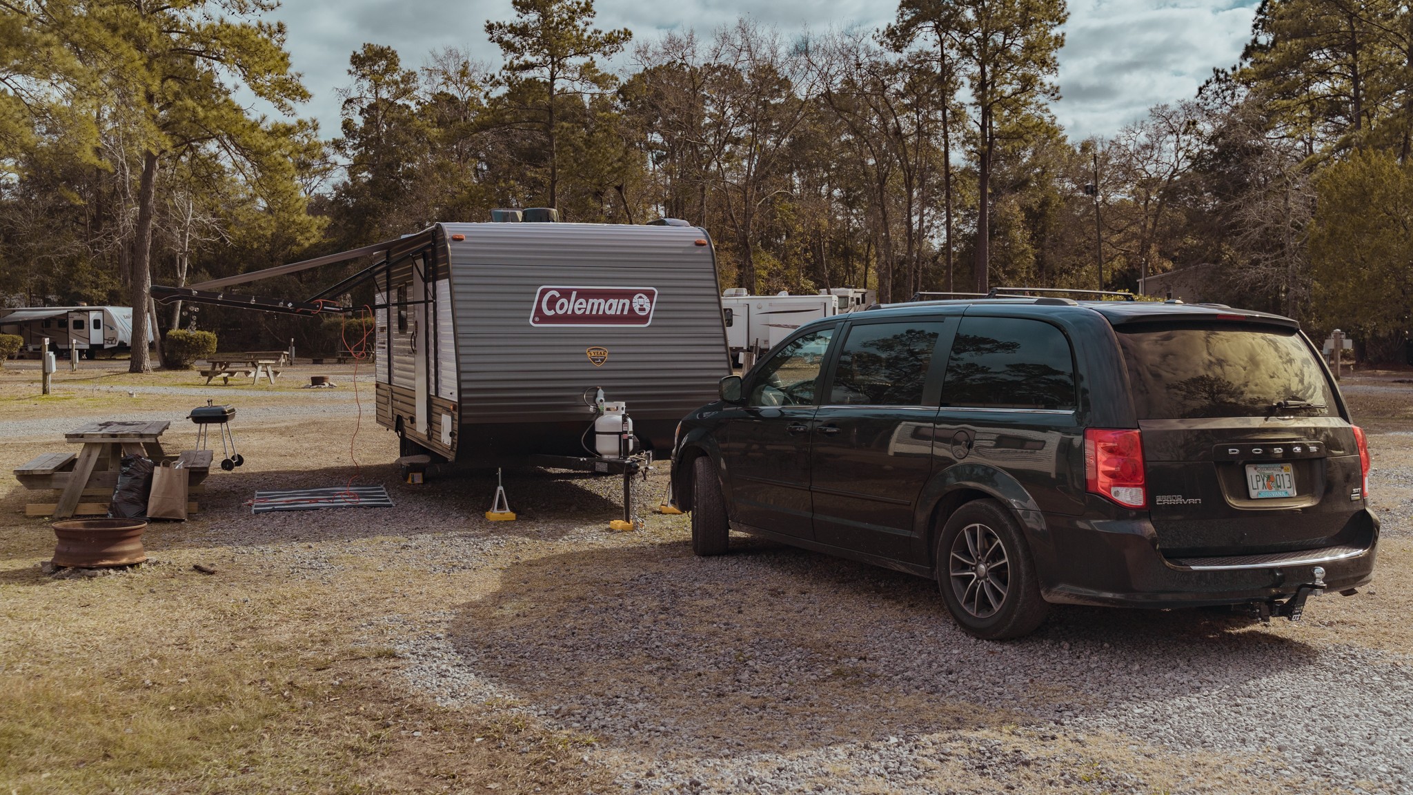 Juan and Johana Oropeza's Coleman RV parked at a campground
