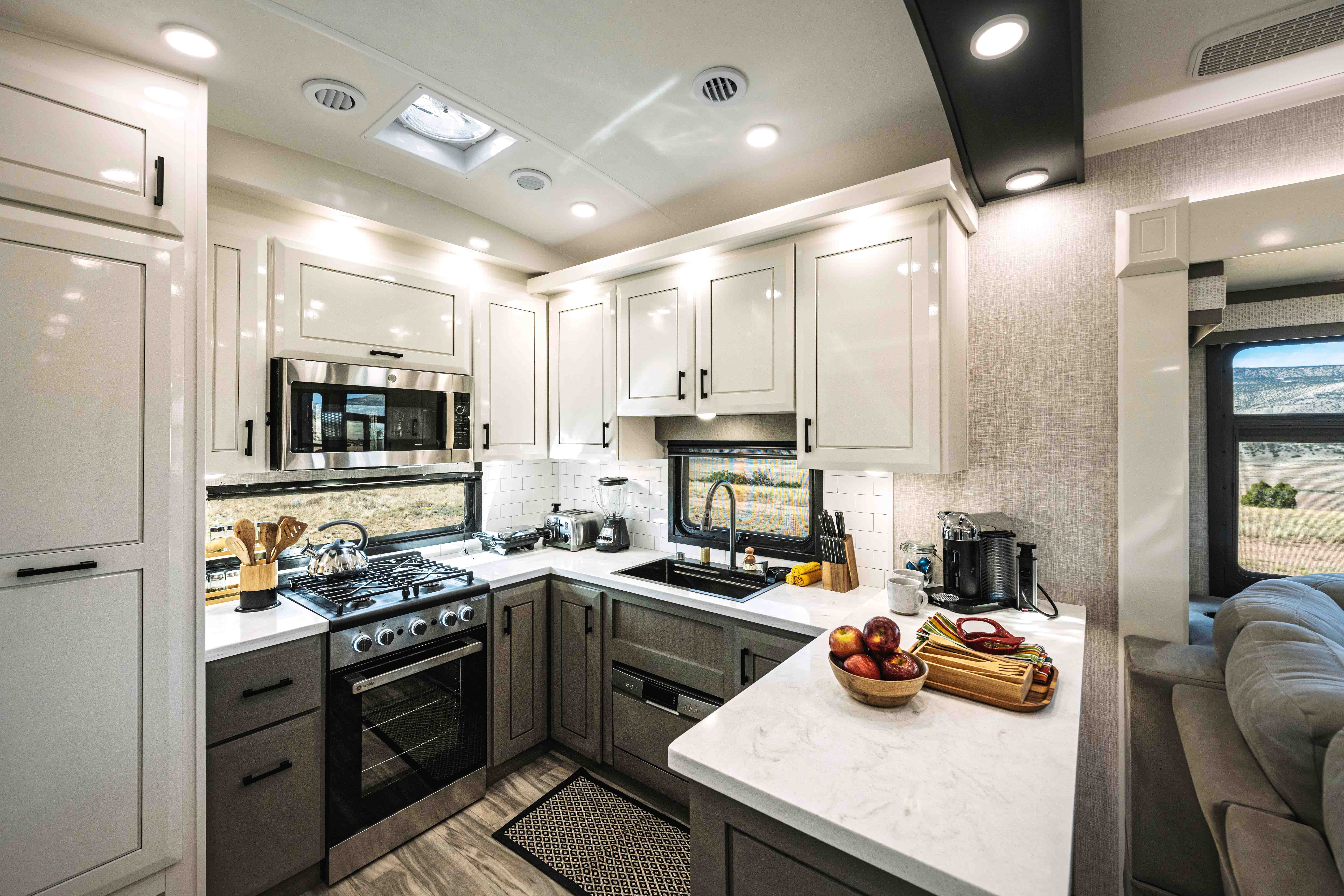The U-shaped kitchen inside a Jayco Pinnacle. 