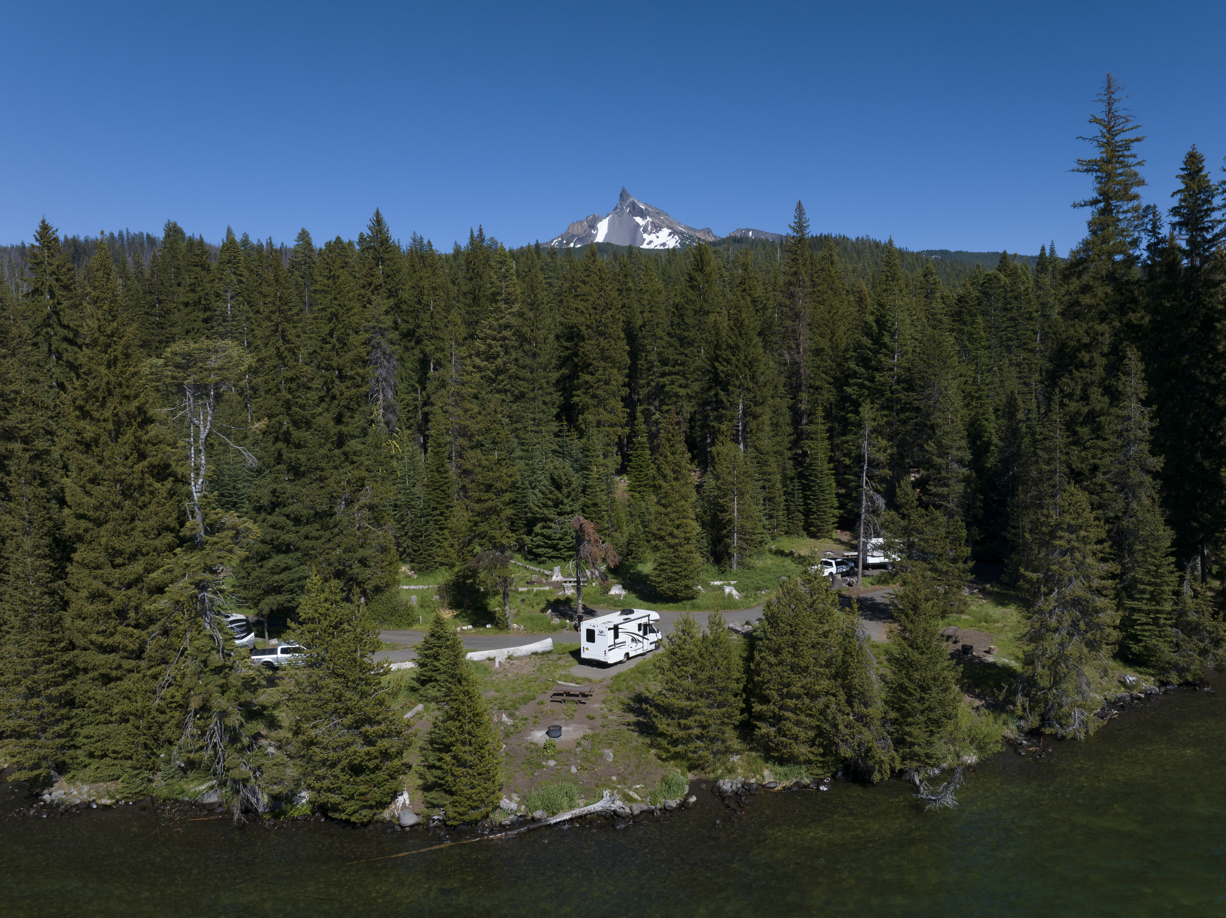 A Jayco Melbourne Class C motorhome at a campsite in Oregon.