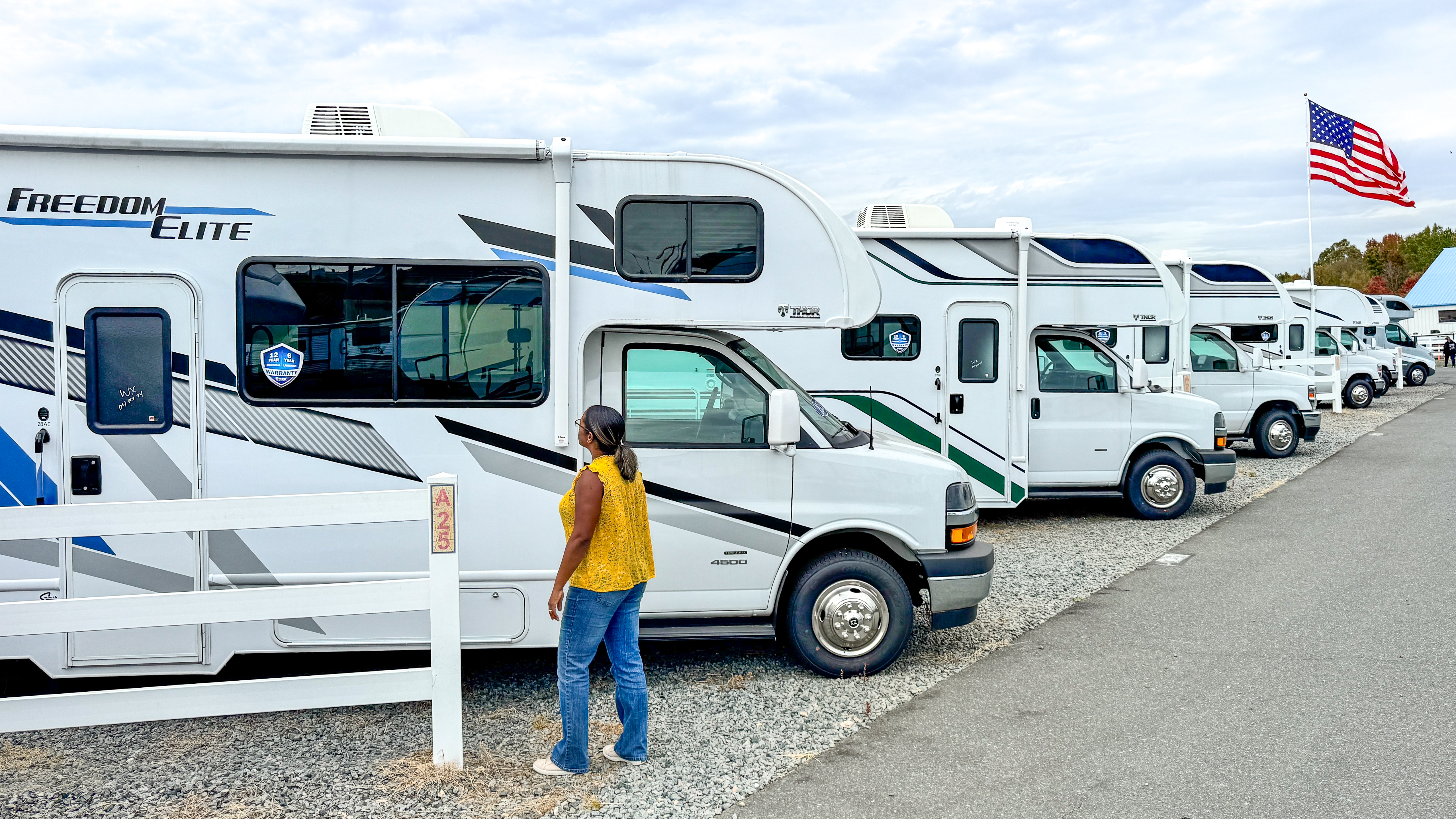 Rocio Rivero looking at Freedom Elite Class C Motorhome.