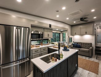 The kitchen inside a Keystone Montana High Country fifth wheel.
