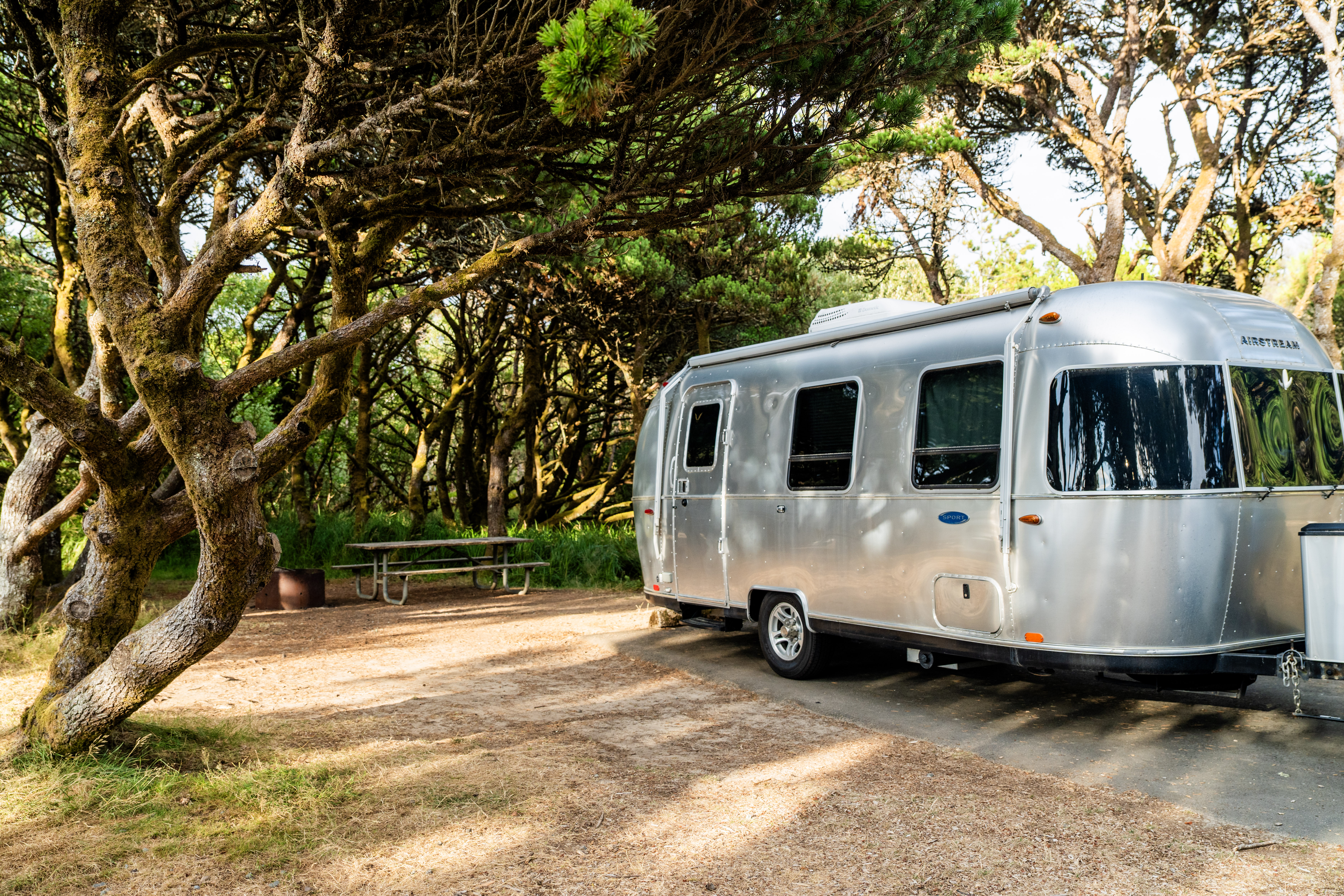 Kristen Dobie's Airstream travel trailer at an RV campsite in Nehalem Bay State Park in Oregon.