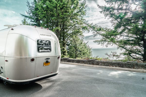 Kristen Dobie's Airstream travel trailer at an overlook on the Oregon Coast Highway.