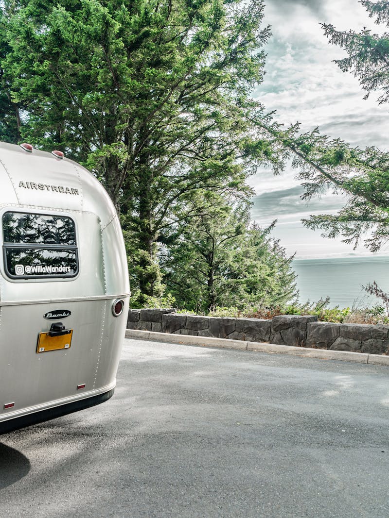 Kristen Dobie's Airstream travel trailer at an overlook on the Oregon Coast Highway.