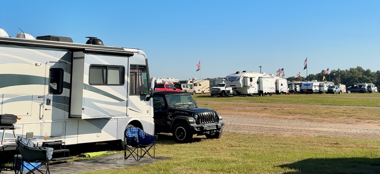 A view of the RVs at the outfield RV camping at the Charlotte Motor Speedway.