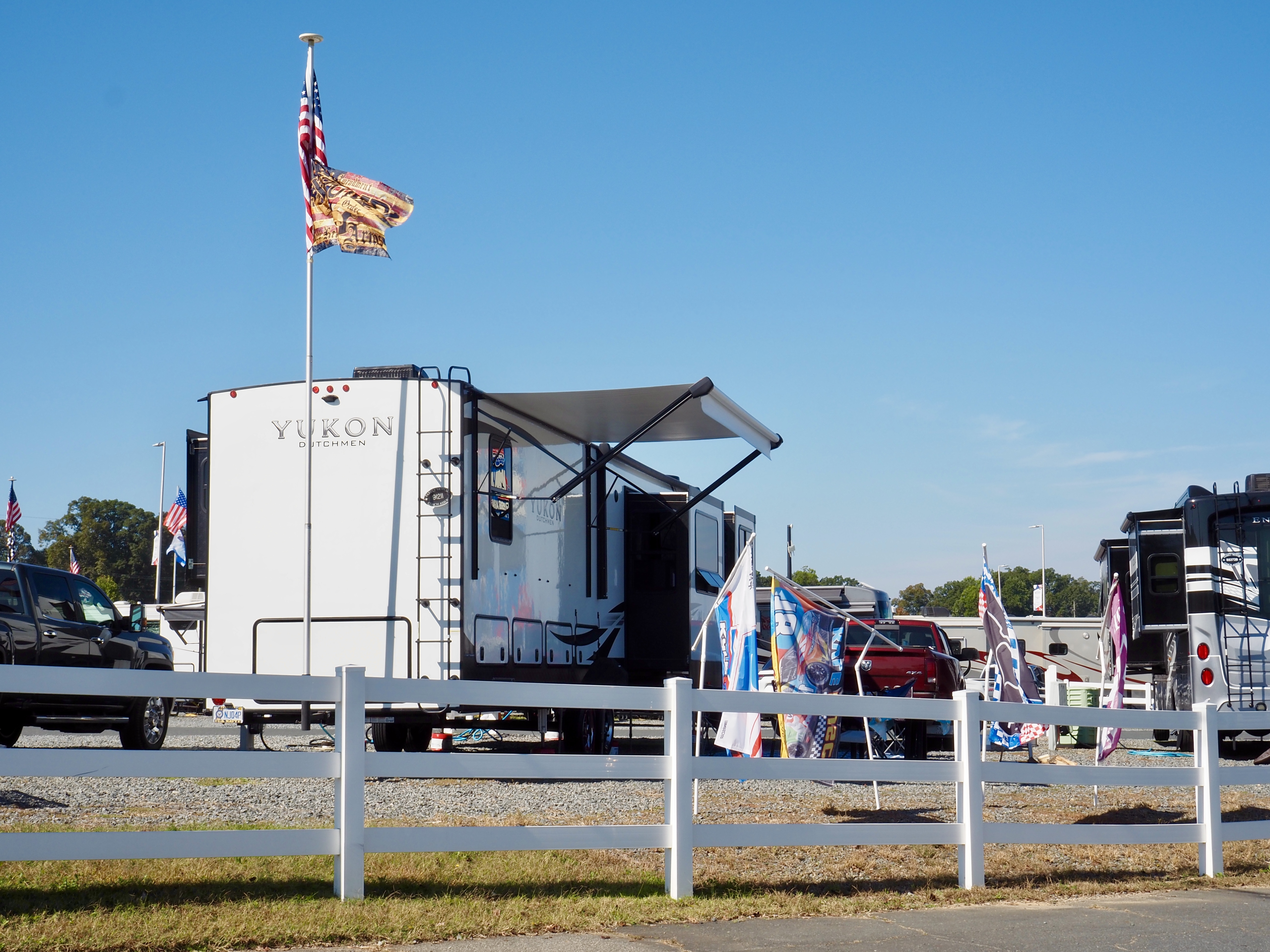 Bailey and Nicole Damberg's RV camping neighbors at a full hook-up RV Racing Resort at the Charlotte Motor Speedway.