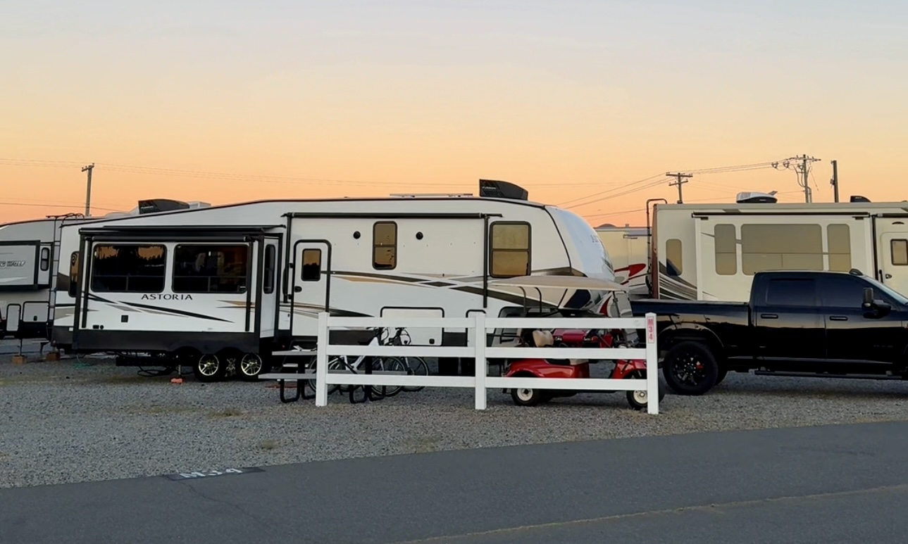 Bailey and Nicole Damberg's Dutchmen Astoria at a campsite at the Charlotte Motor Speedway.