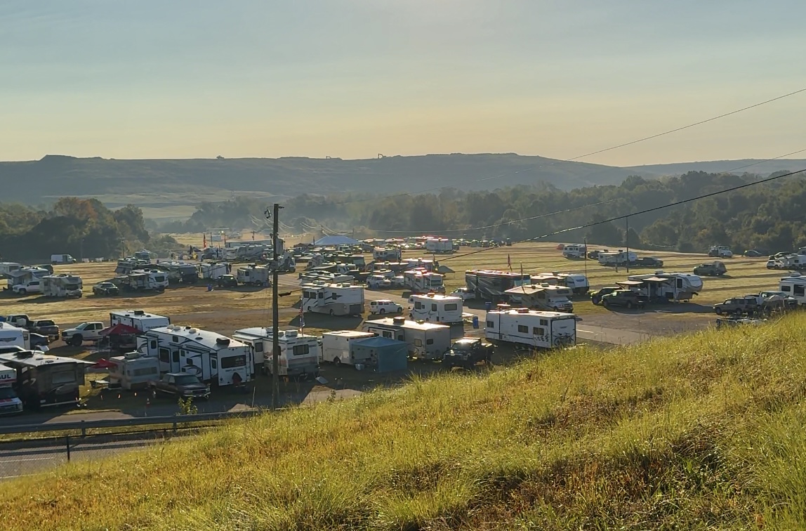 A view of the RV camping setup in the outfield of the Charlotte Motor Speedway.