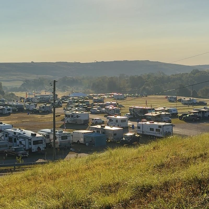 A view of the RV camping setup in the outfield of the Charlotte Motor Speedway.
