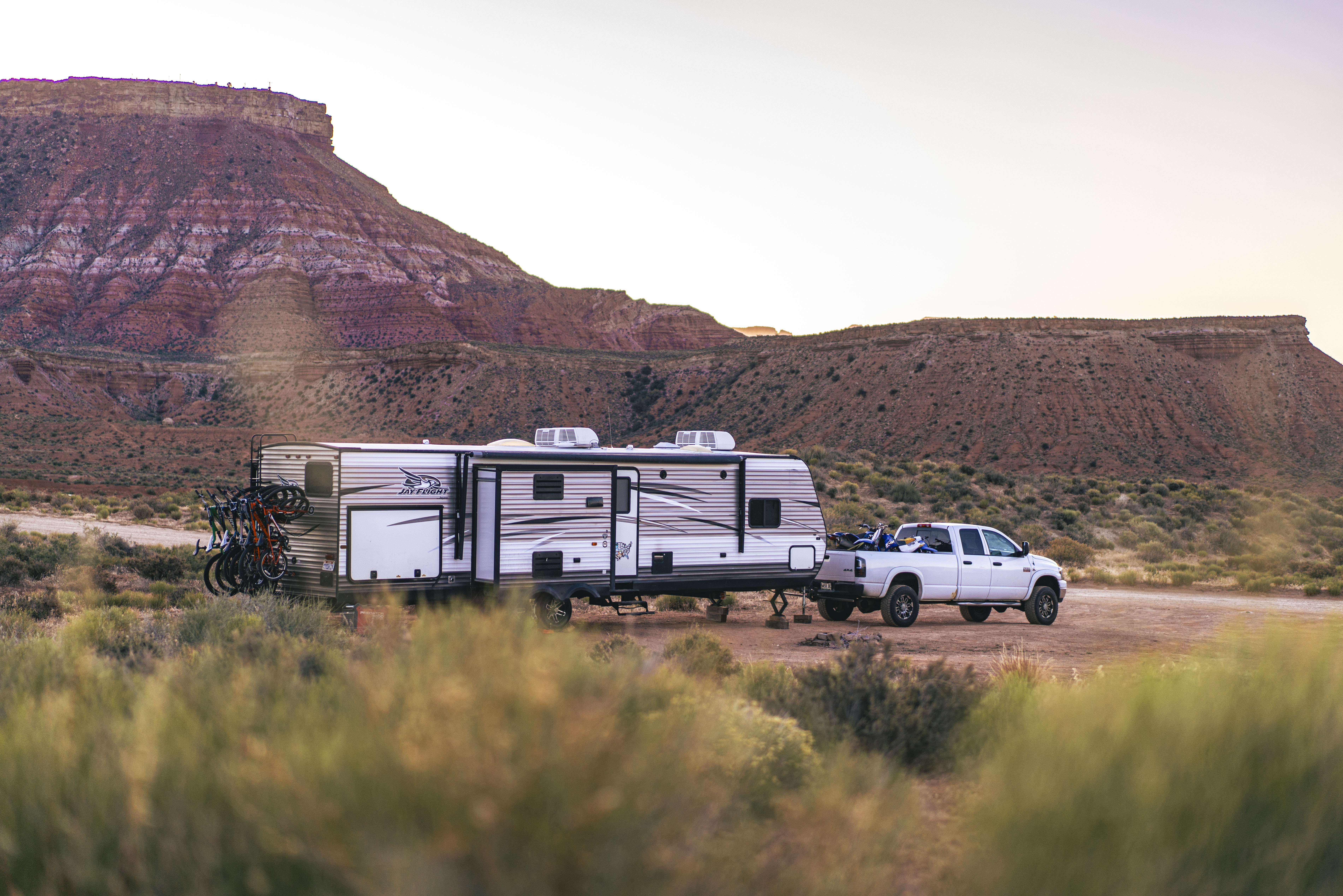 The Tilby's Jayco Jay Flight travel trailer parked in the desert.