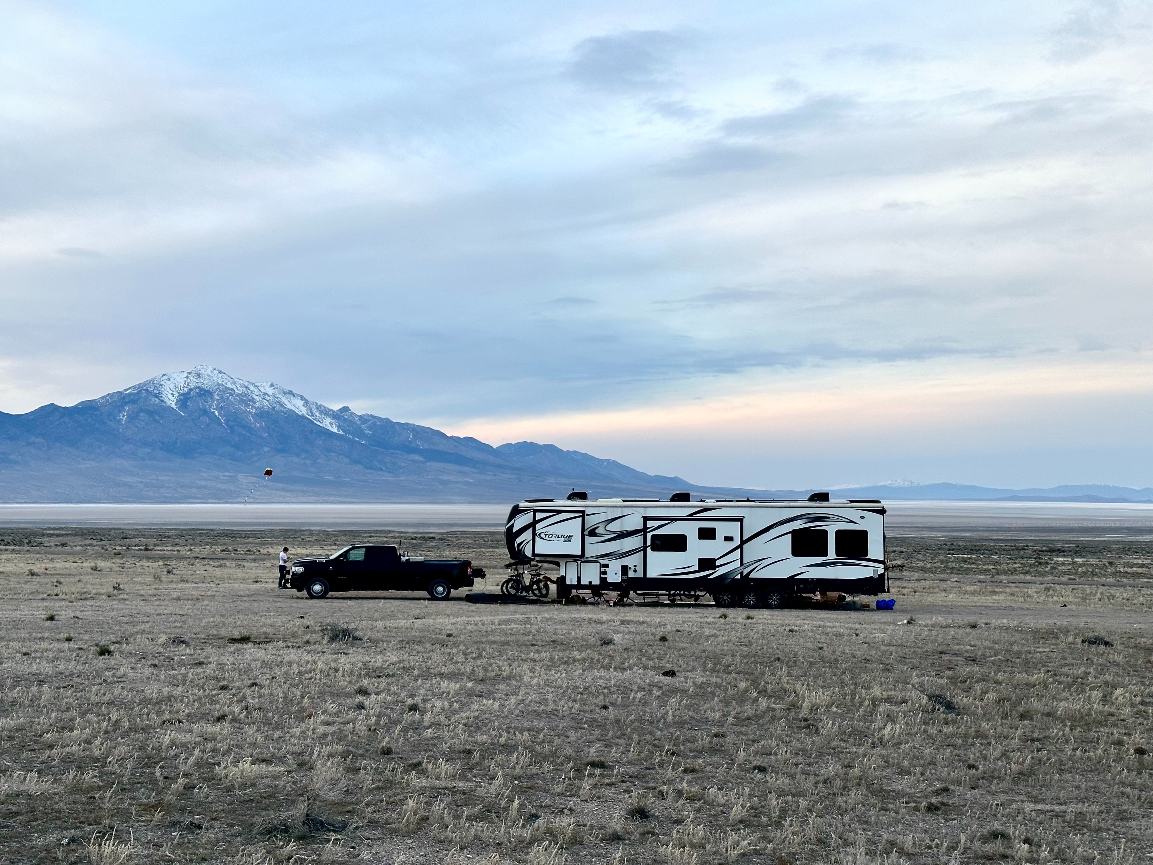 Melissa and Lucas Lahr's Heartland Torque toy hauler parked in the desert.