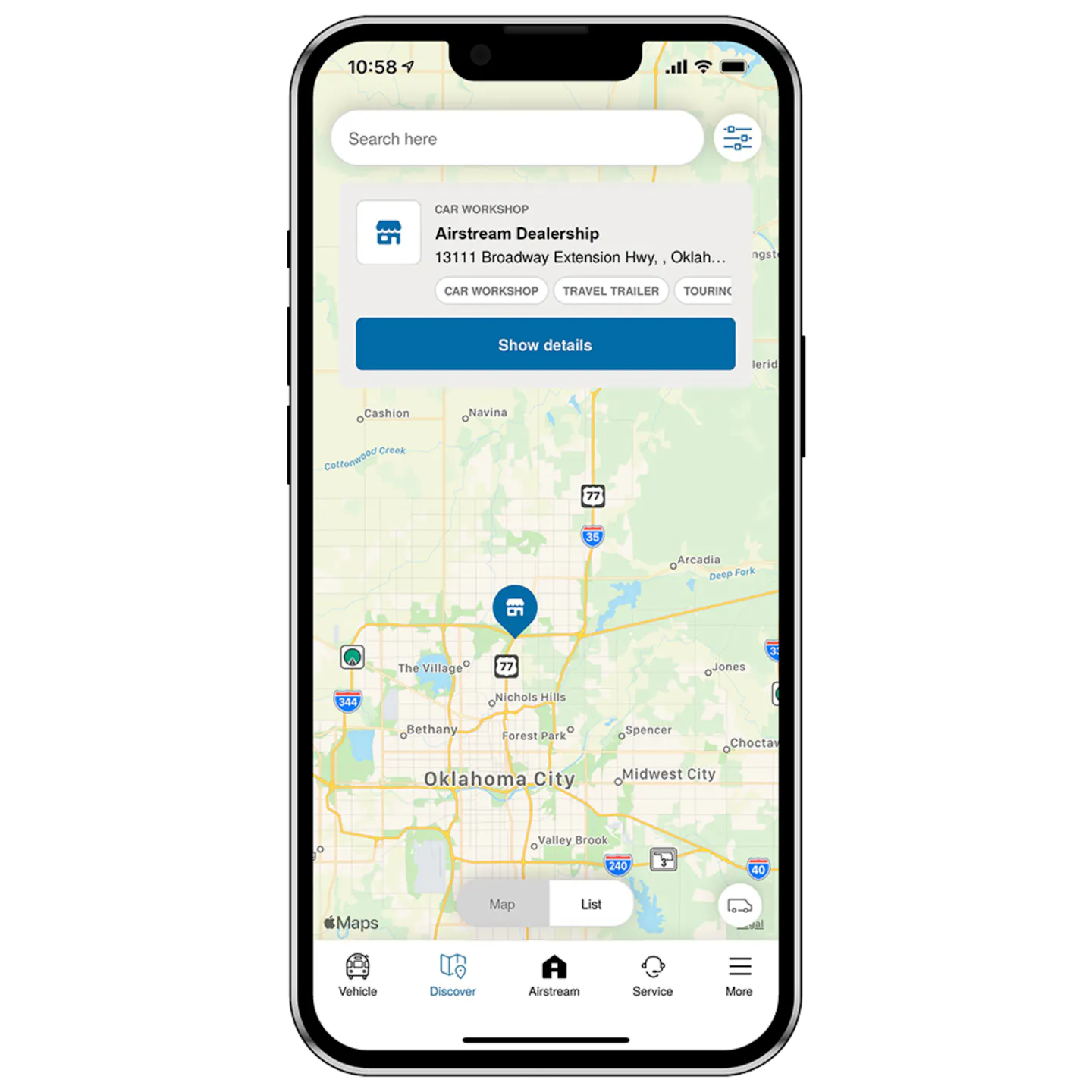 A phone with a map showing an Airstream Dealership location.