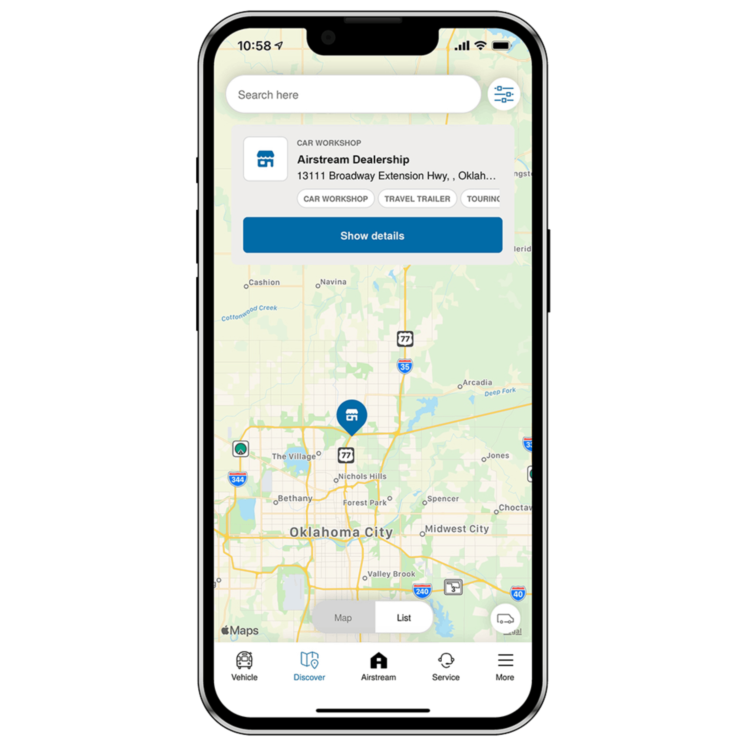 A phone with a map showing an Airstream Dealership location.