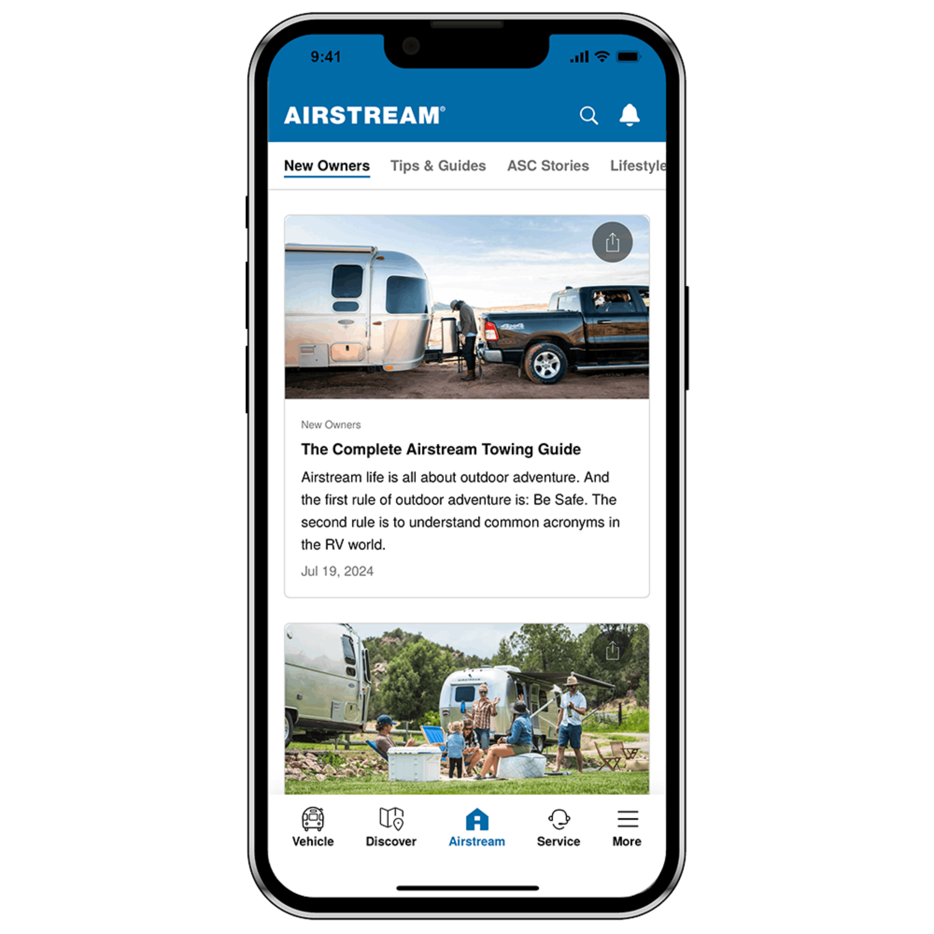 A phone with Airstream blog content.