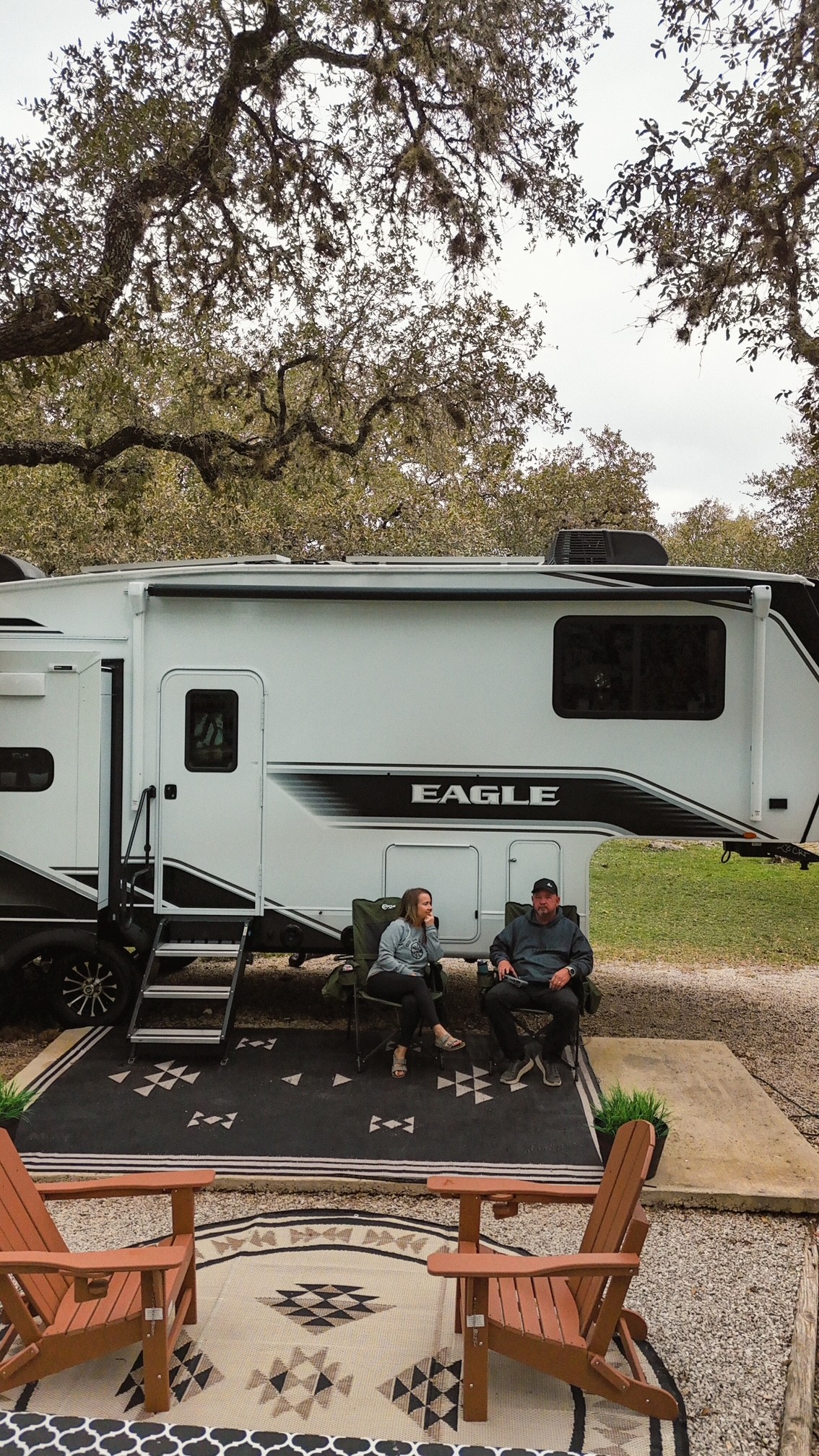 A patio set-up outside Patty and Shane Gill's Jayco Eagle fifth wheel.