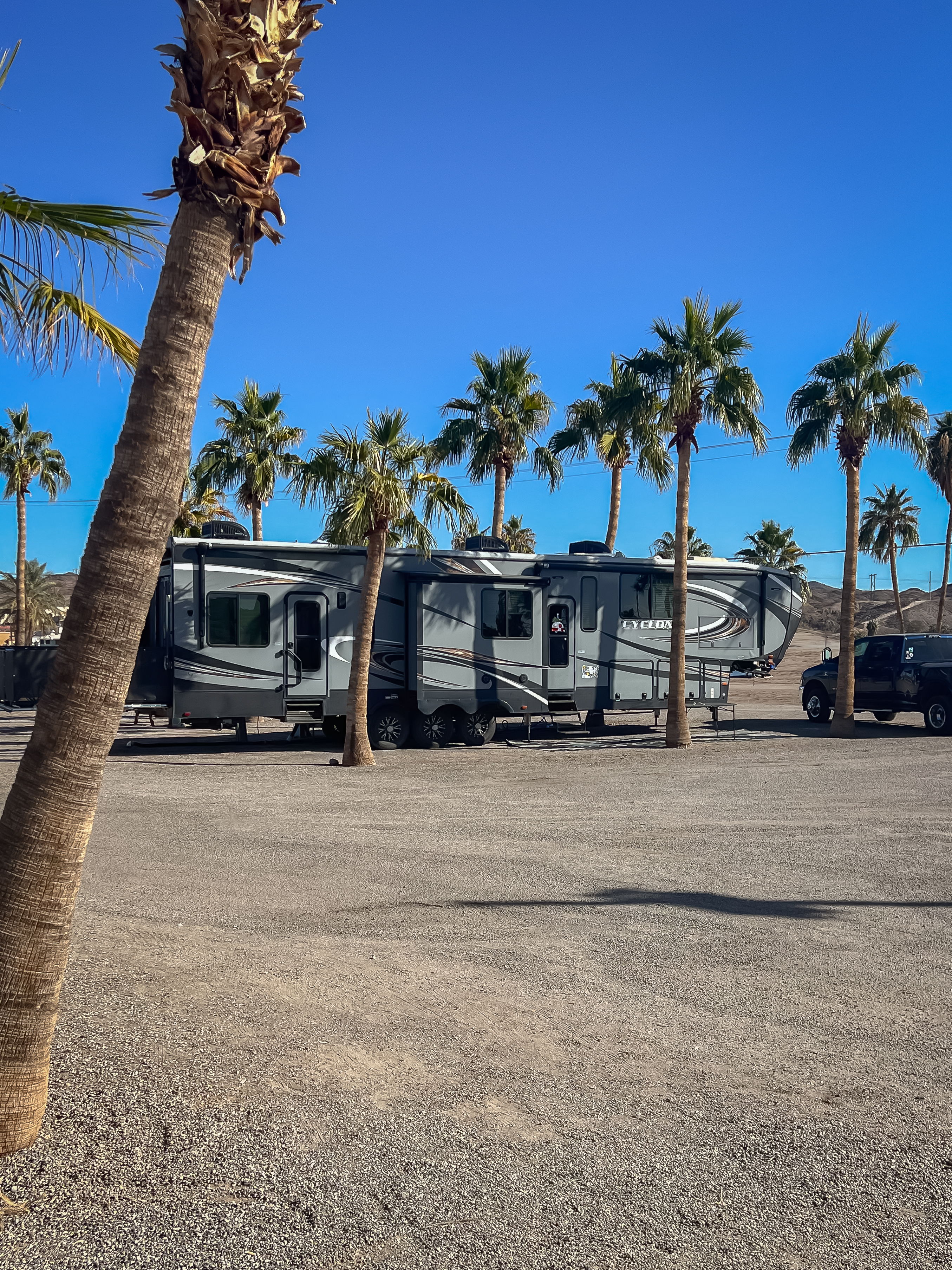 Kearstin & David Saul's Heartland Cyclone toy hauler at a campsite with palm trees.