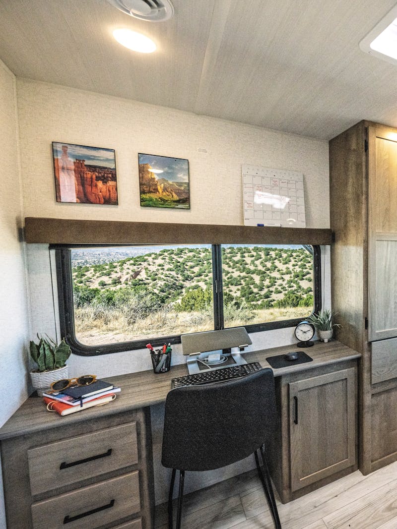 The desk setup inside the Keystone Springdale travel trailer.