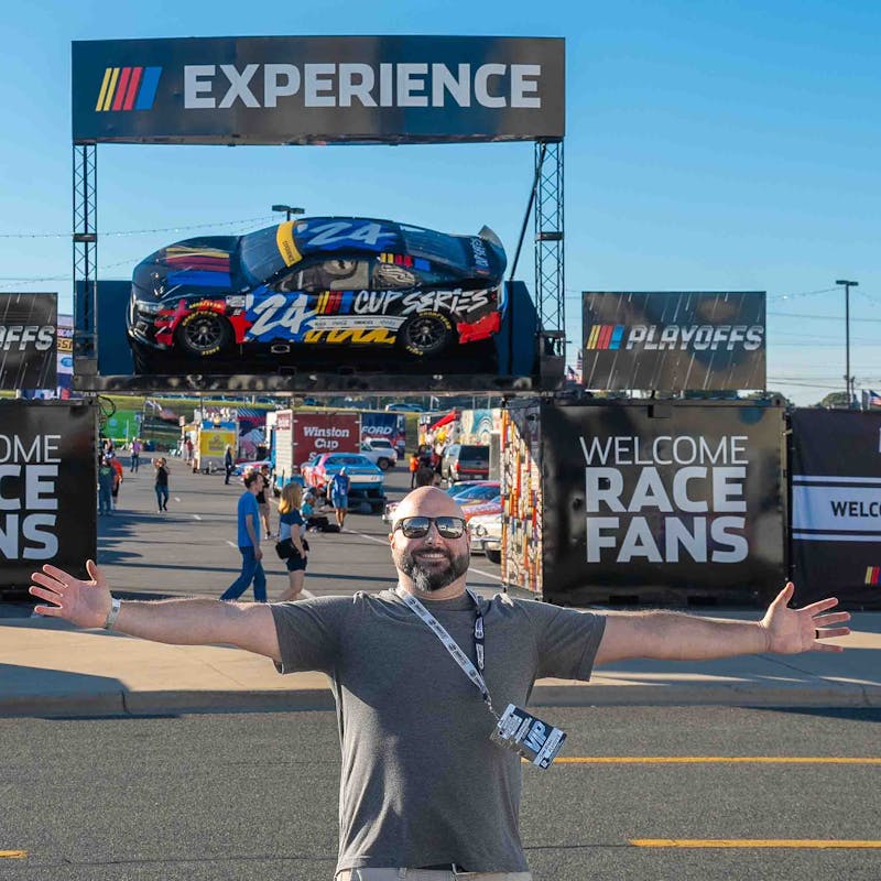 Gabe Rivero at the entrance of the NASCAR race.