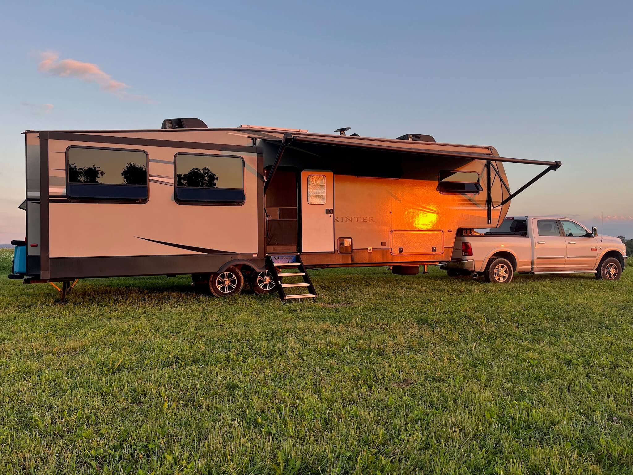 The exterior of Lia and Trevor Eyre's Keystone Sprinter fifth wheel.