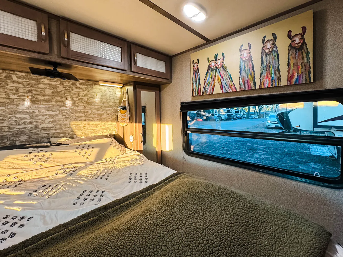 The bedroom inside Lia and Trevor Eyre's Keystone Sprinter fifth wheel.