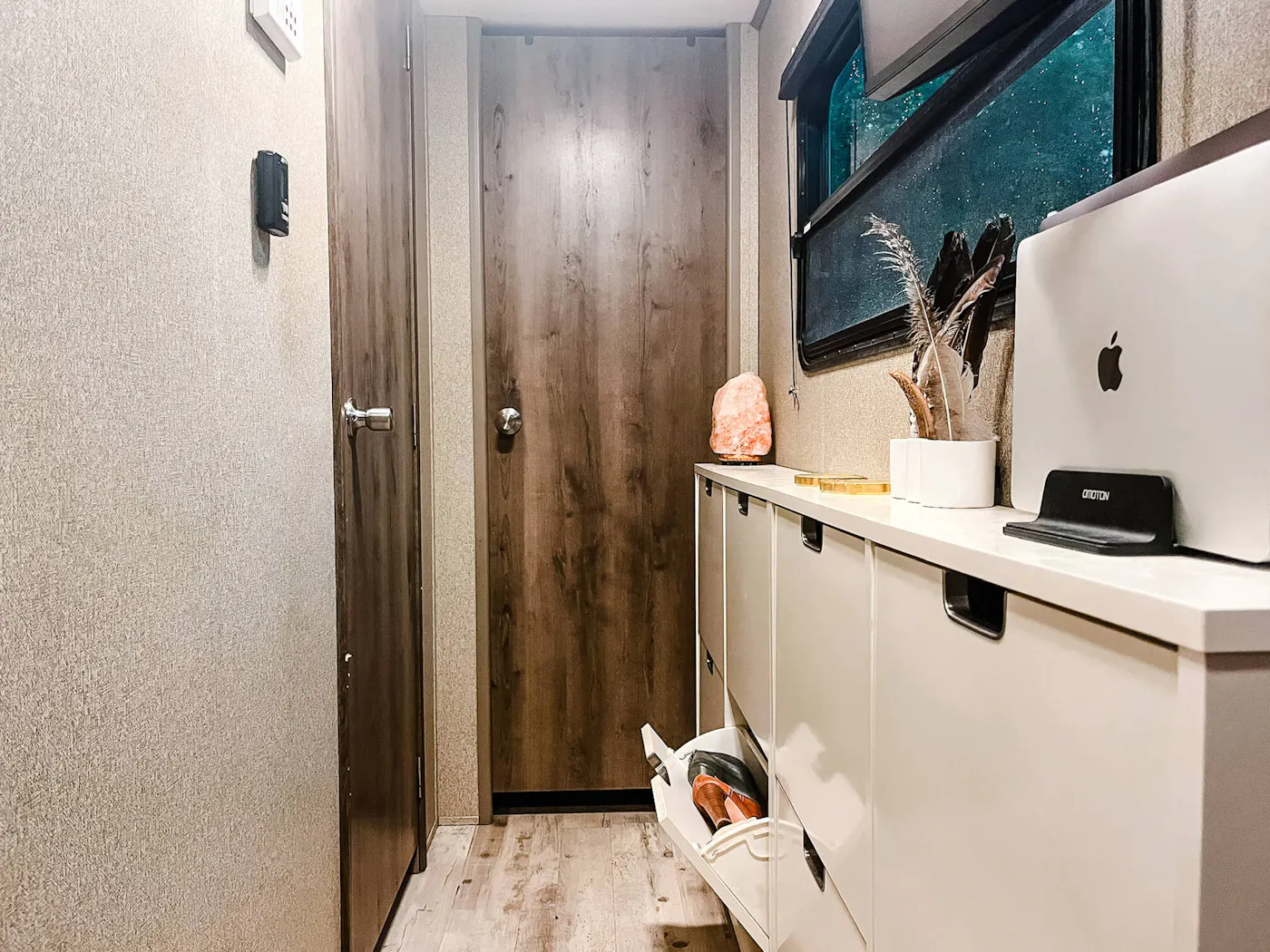 The hallway inside Lia and Trevor Eyre's Keystone Sprinter fifth wheel.