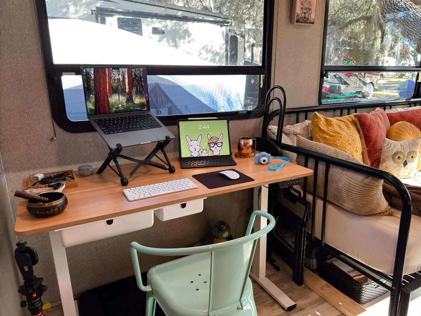 The desk inside Lia and Trevor Eyre's Keystone Sprinter fifth wheel.