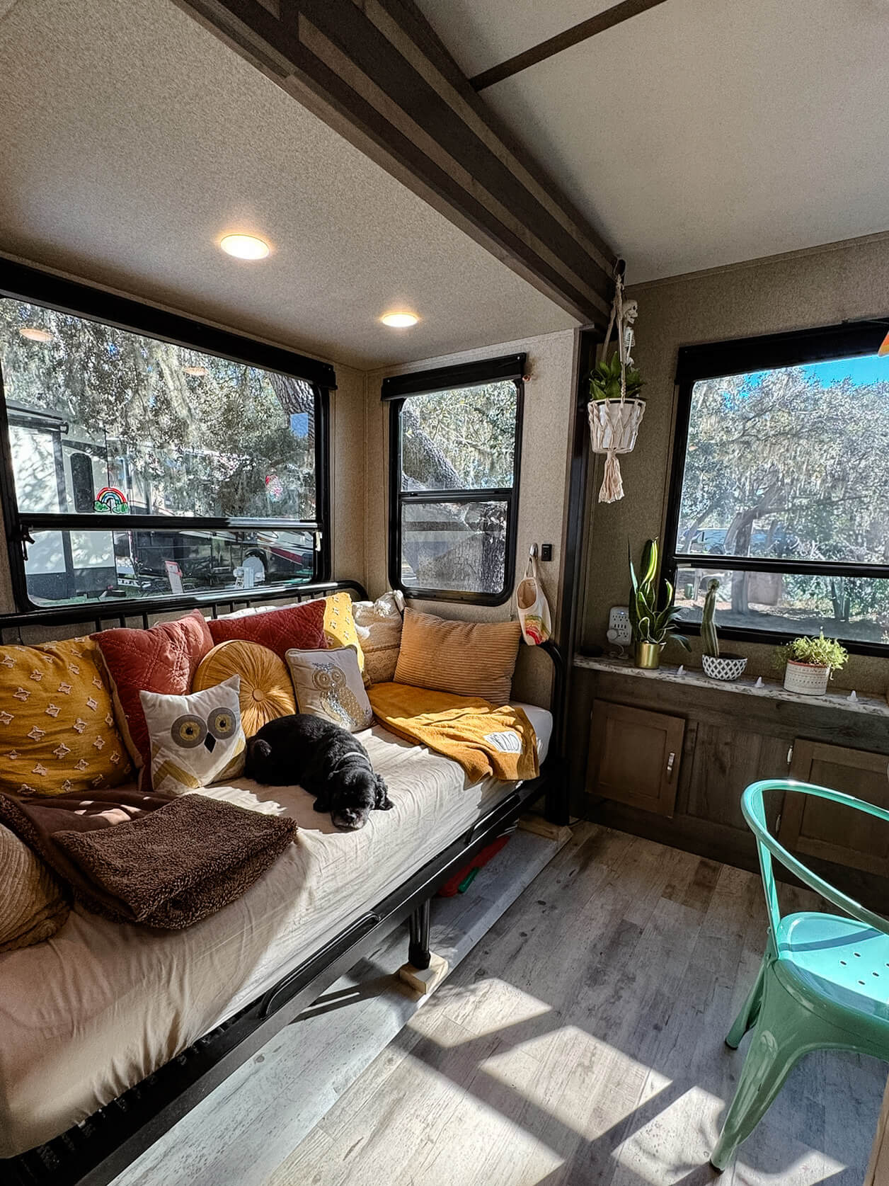 The living room inside Lia and Trevor Eyre's Keystone Sprinter fifth wheel.