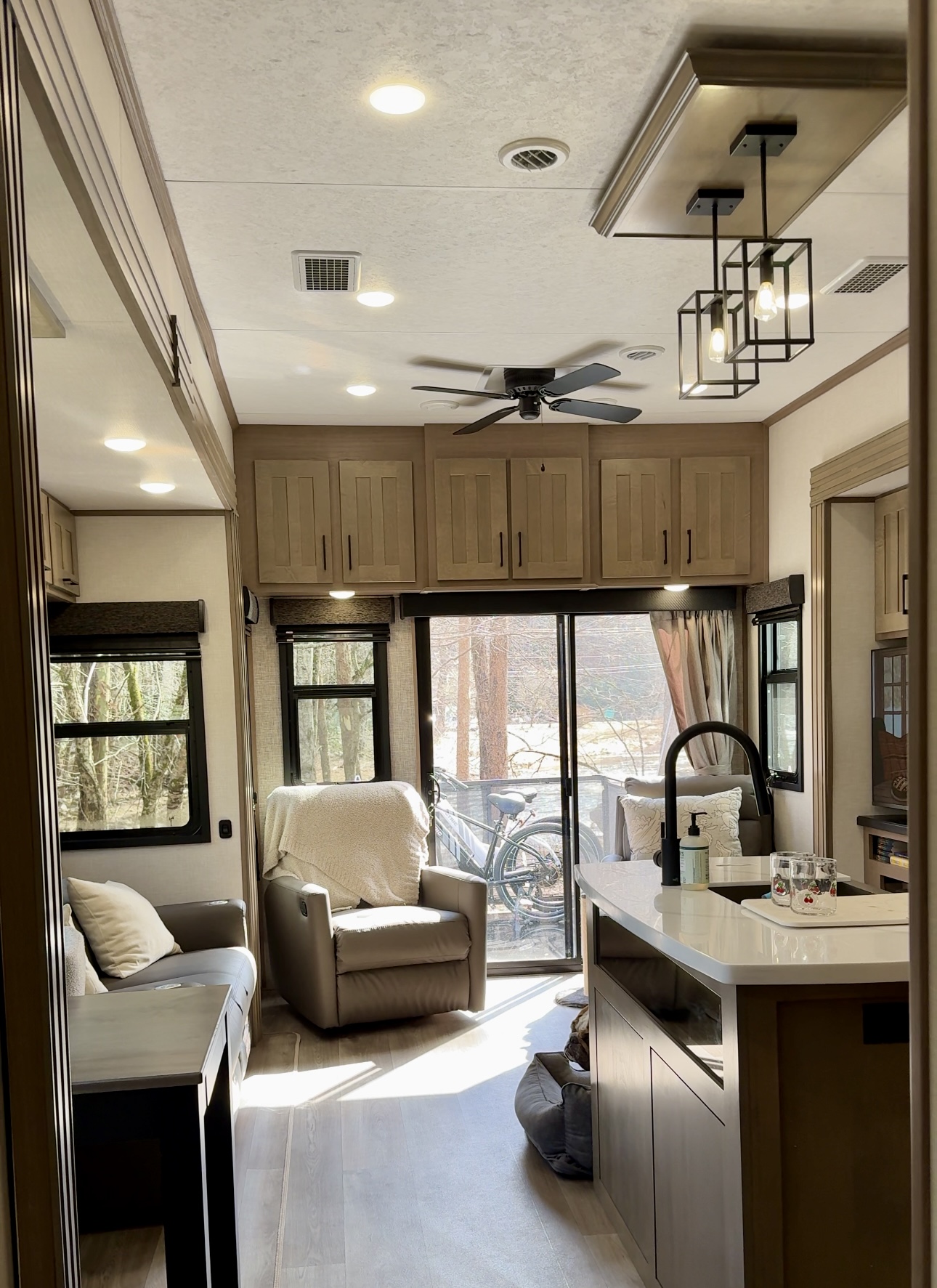 The living room inside Bailey and Nicole Damberg's KZ Durango Gold fifth wheel.