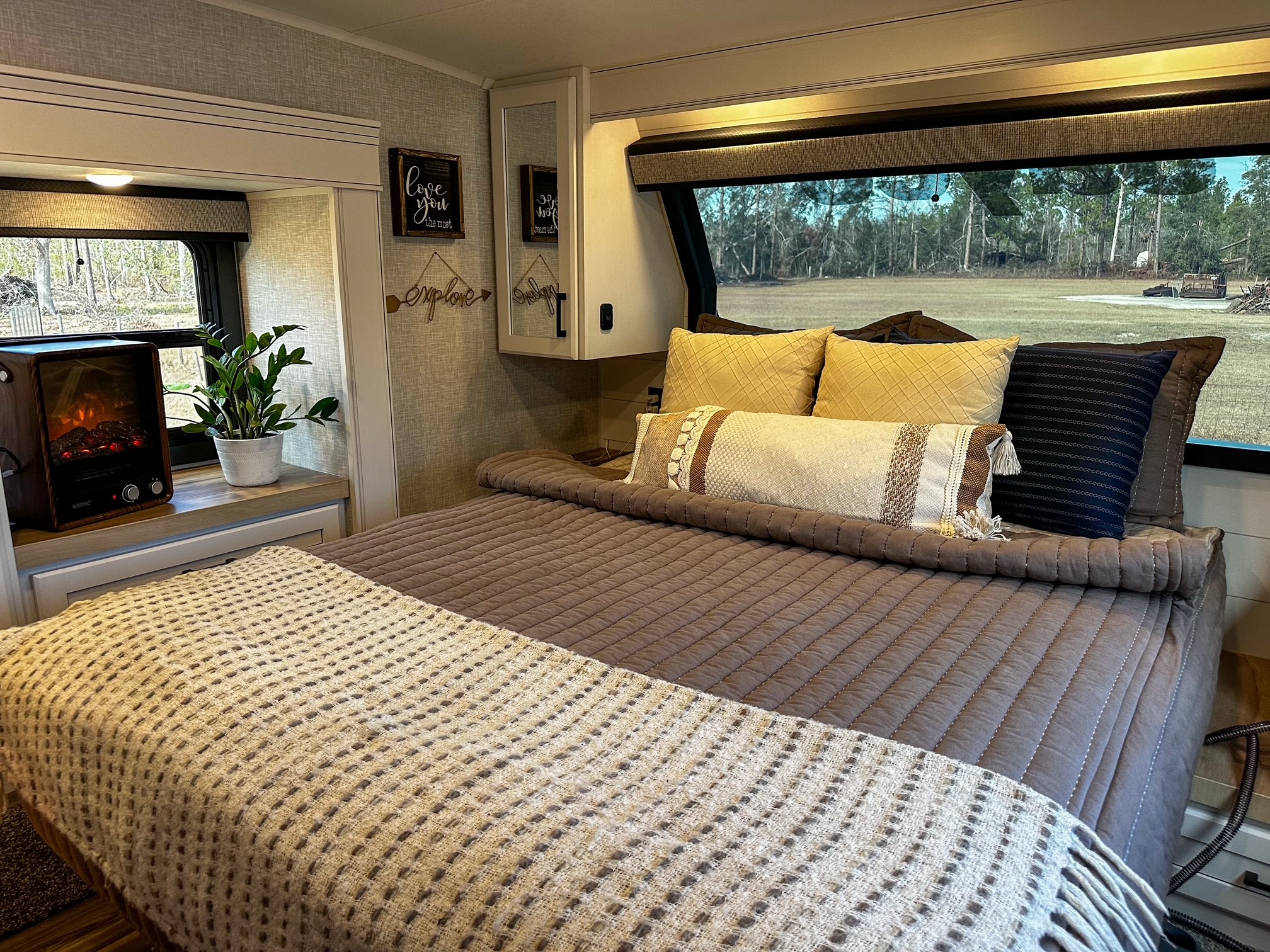 A view outside the bedroom window in Patty and Shane Gill's Jayco Eagle fifth wheel.
