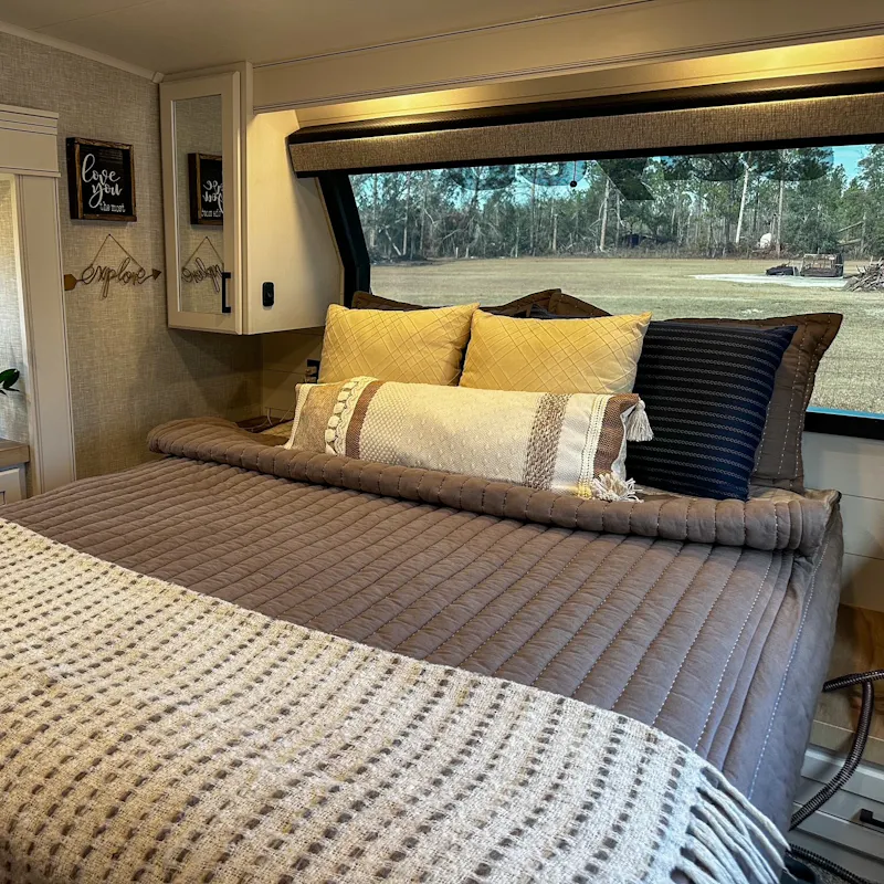 A view outside the bedroom window in Patty and Shane Gill's Jayco Eagle fifth wheel.
