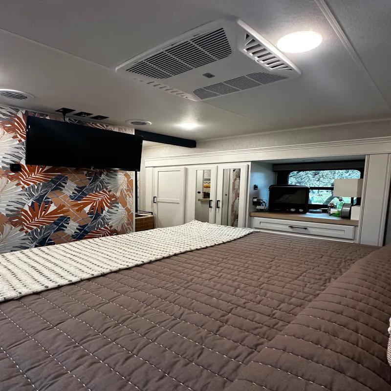 The bedroom inside Patty and Shane Gill's Jayco Eagle fifth wheel.