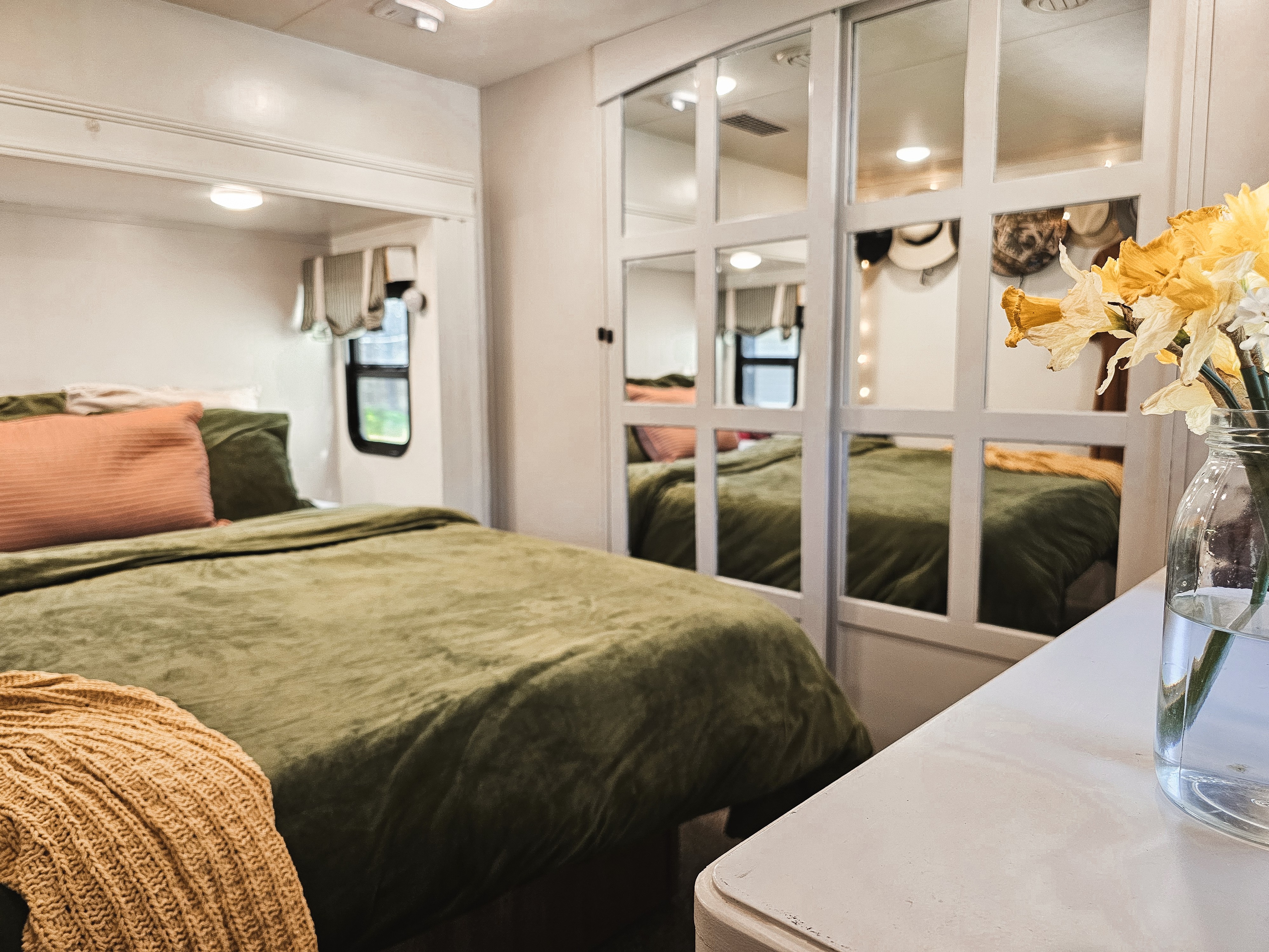 The master bedroom inside Bibi and JC Barringer's KZ Durango Gold fifth wheel.