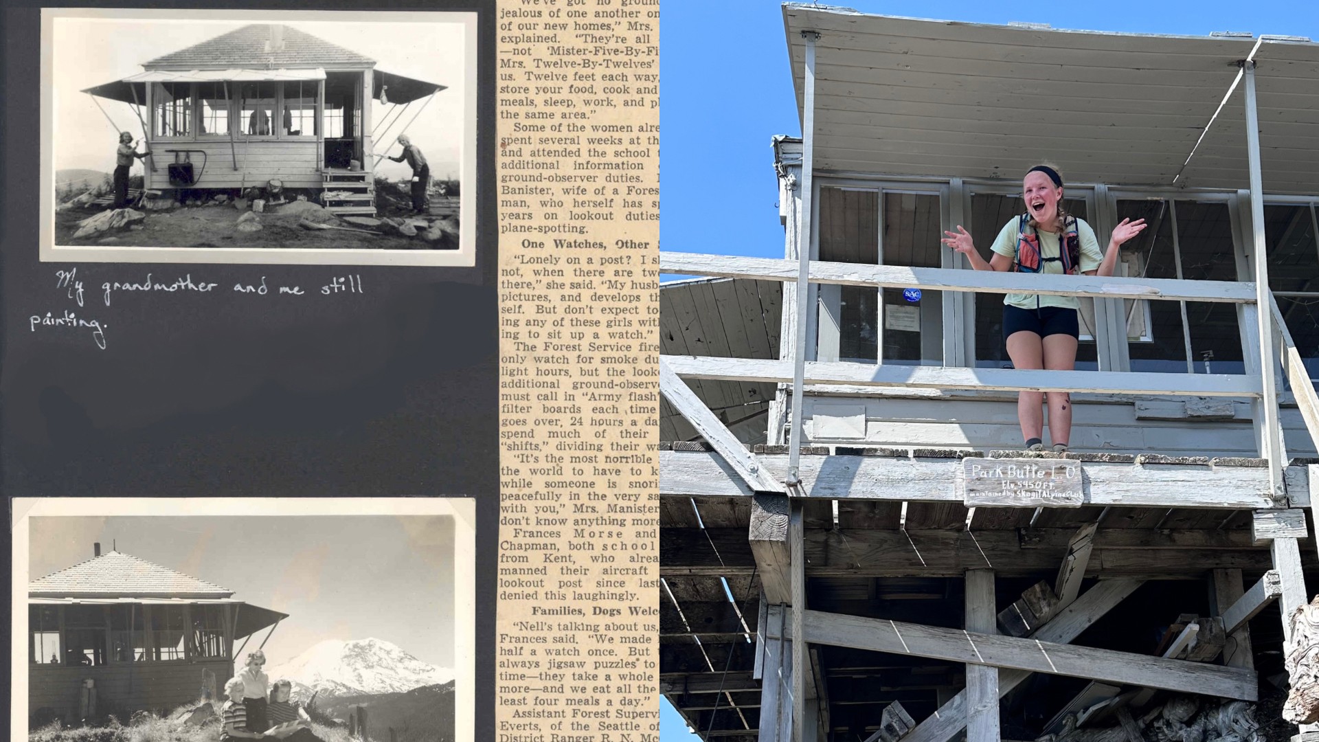 An old photo of a lookout tower and Lilya Blue.