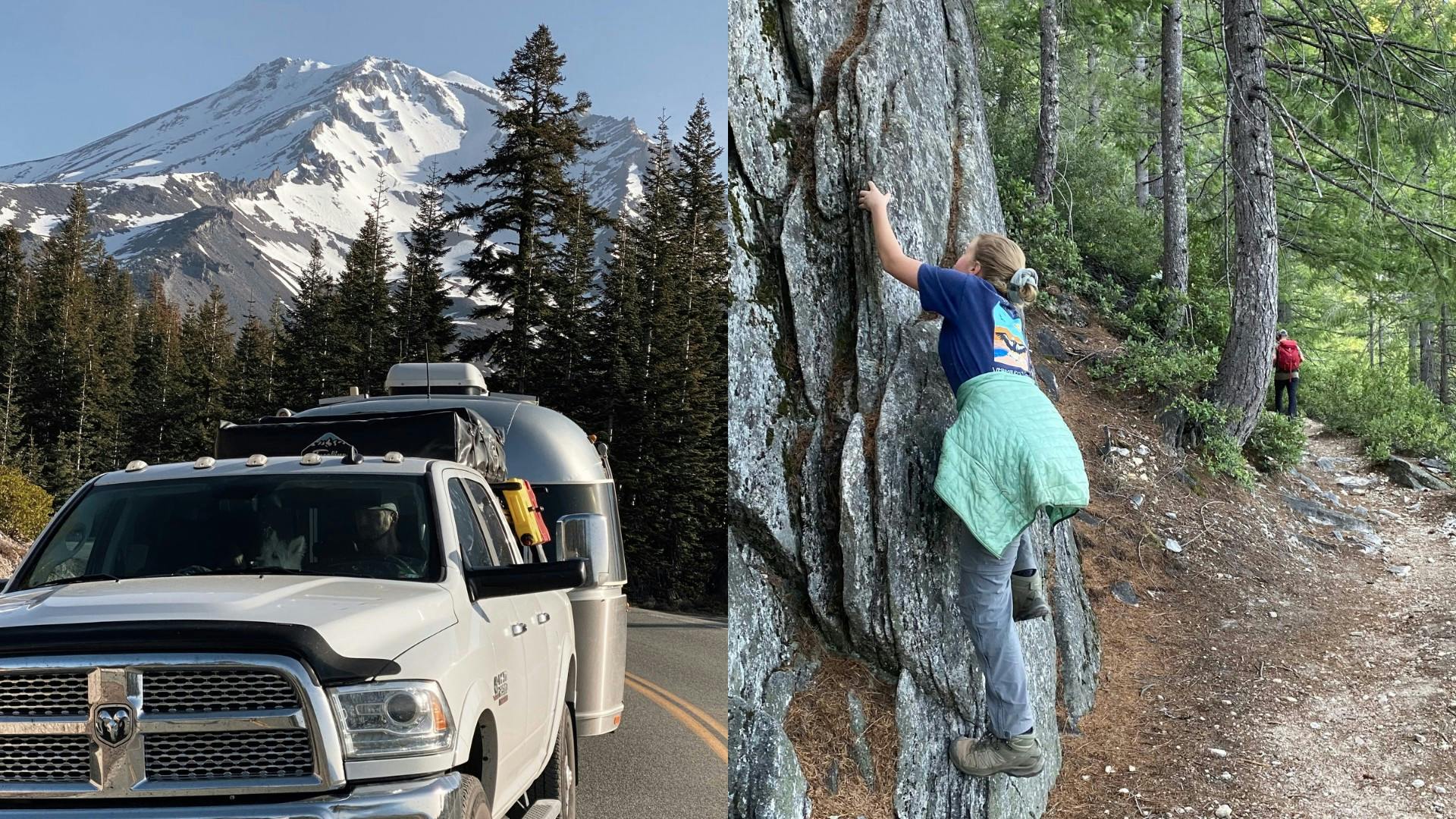 A truck tows an Airstream Flying Cloud and Lilya Blue climbs a tree.