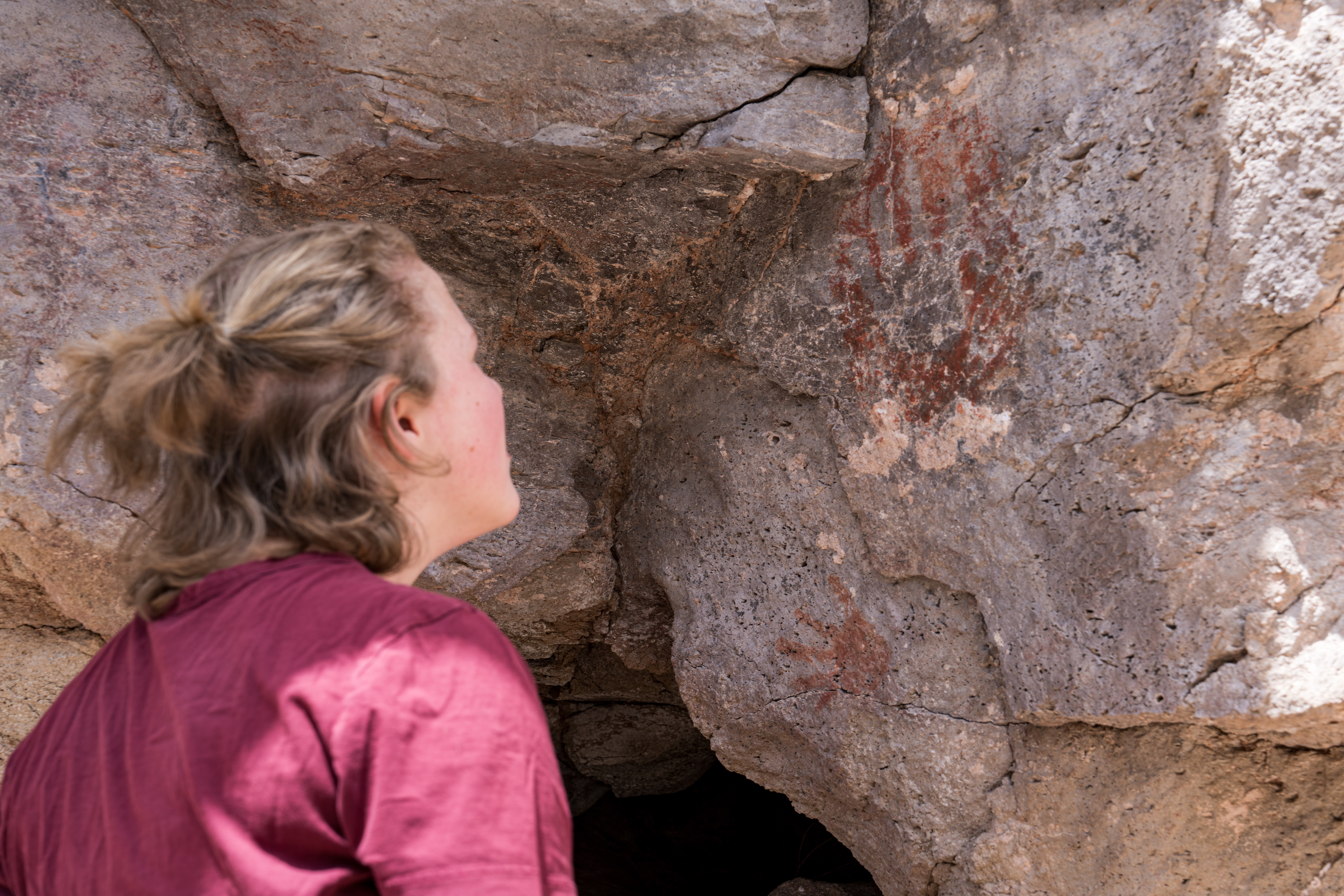Lyla Blue observing an archeological feature of Gila National Forest.