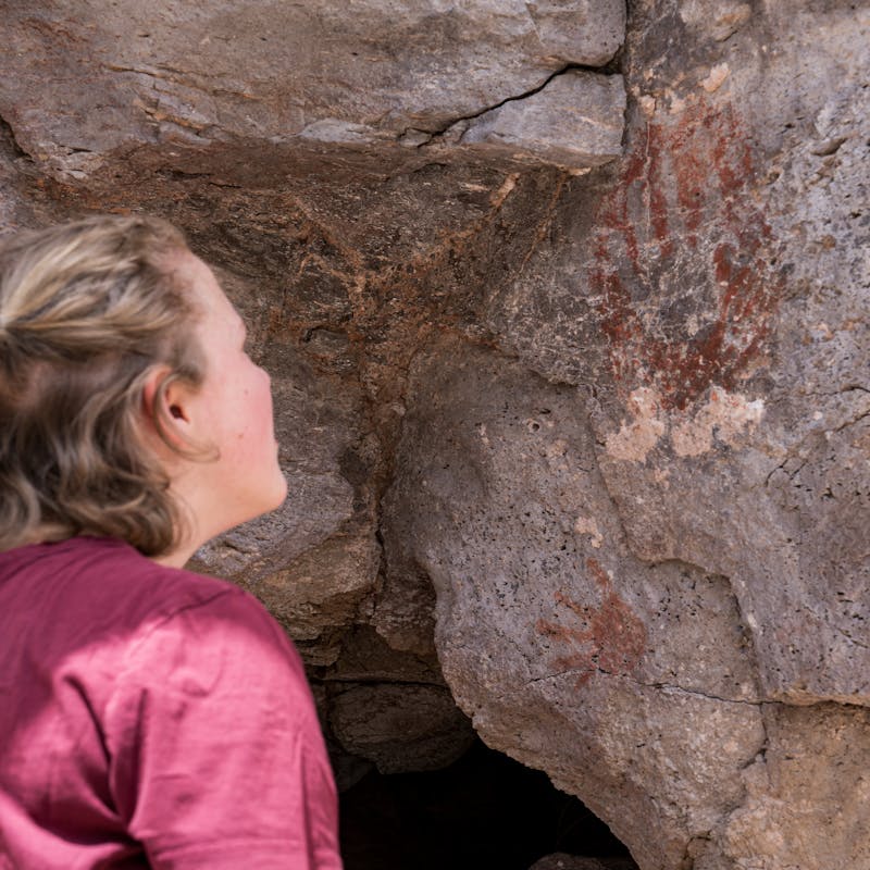 Lyla Blue observing an archeological feature of Gila National Forest.