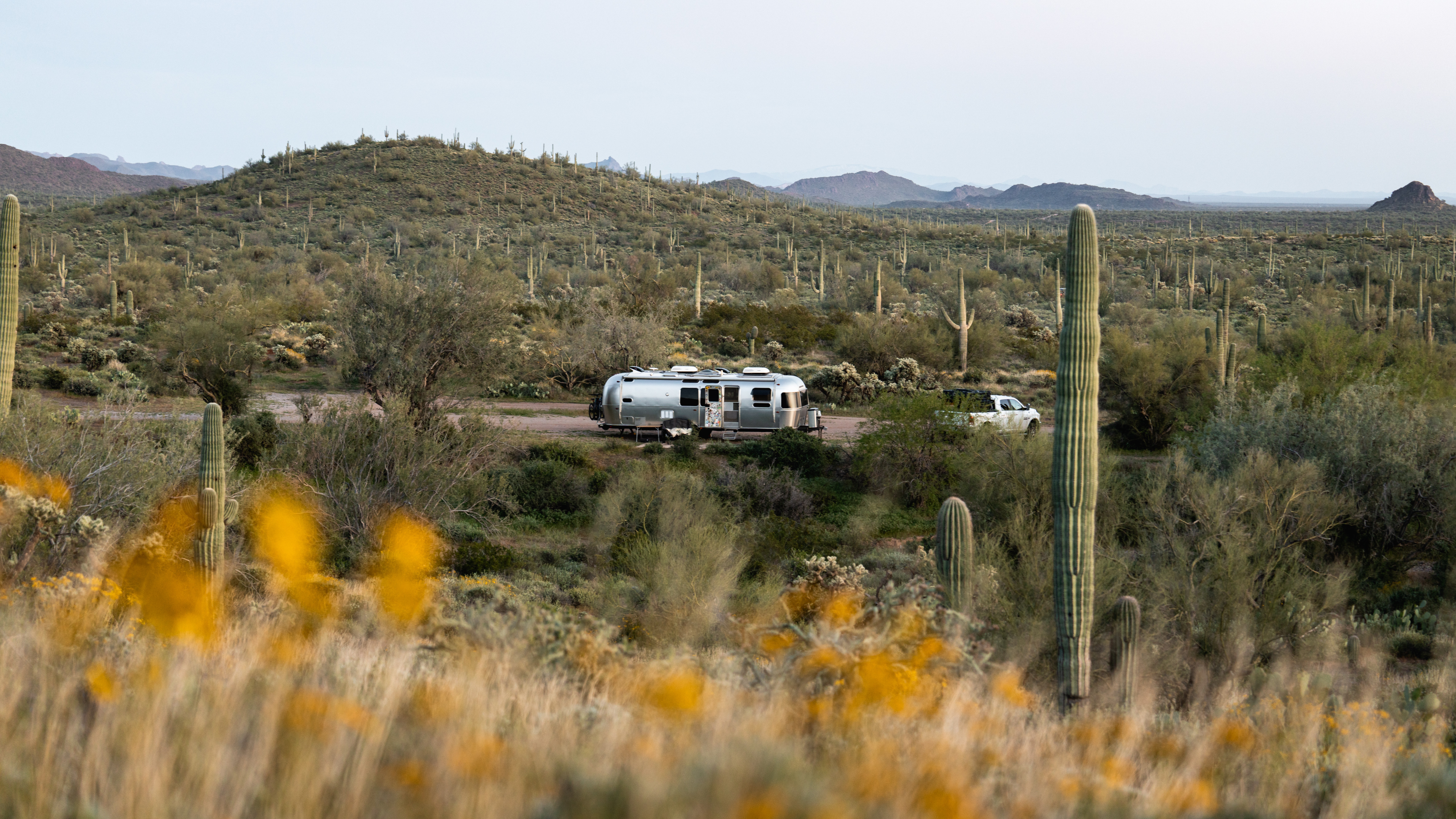 Karen Blue's Airstream Flying Cloud parked in the desert.