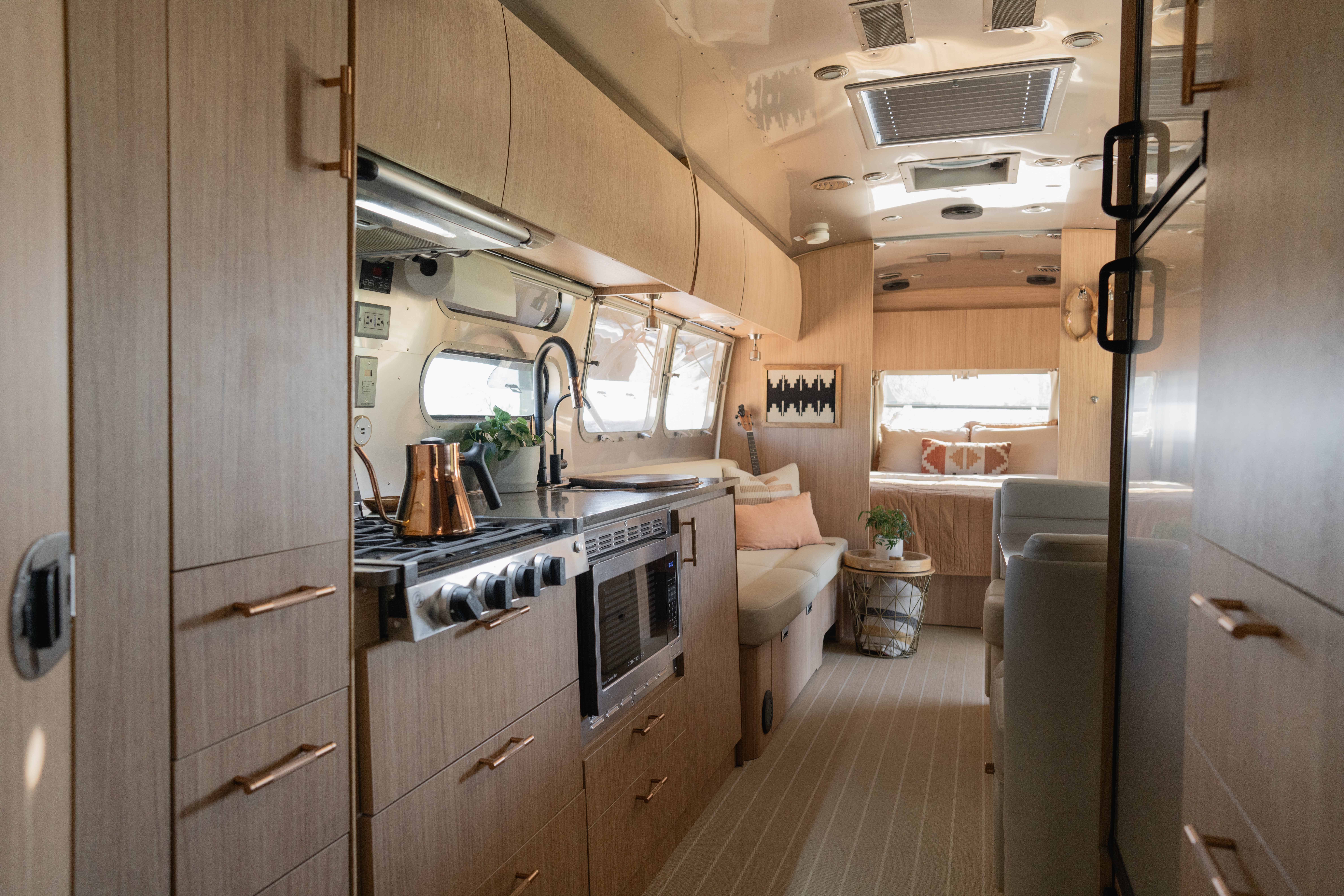 The kitchen inside Karen Blue's Airstream Flying Cloud.