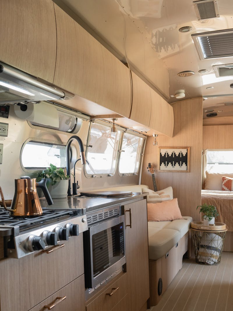 The kitchen inside Karen Blue's Airstream Flying Cloud.