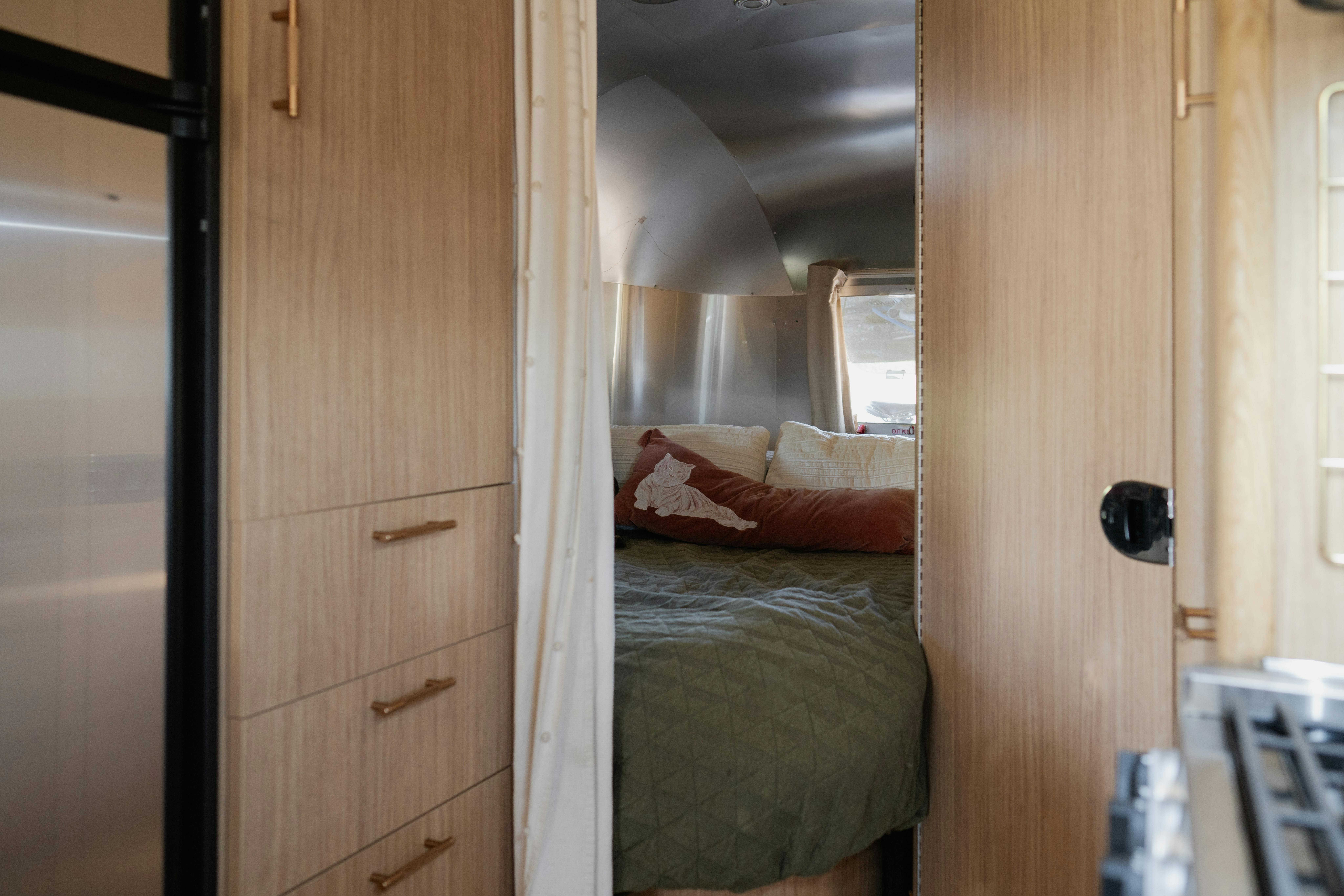 The bedroom inside Karen Blue's Airstream Flying Cloud.