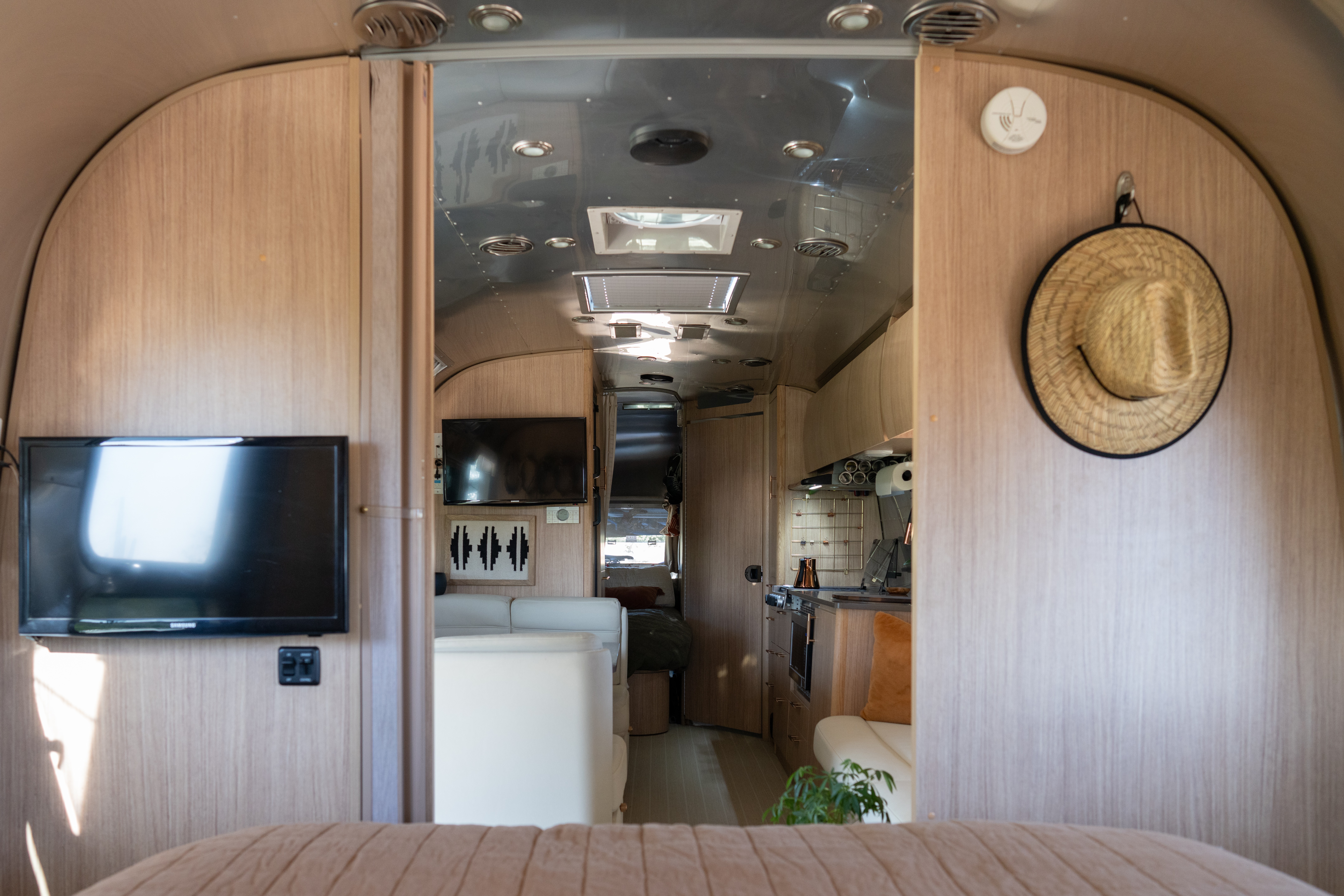 A view down the hallway of Karen Blue's Airstream Flying Cloud.